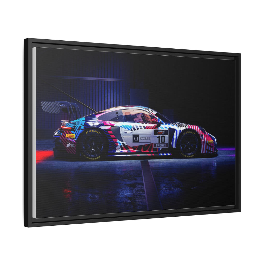 Framed Matte Canvas Print — Neon Racecar Wall Art