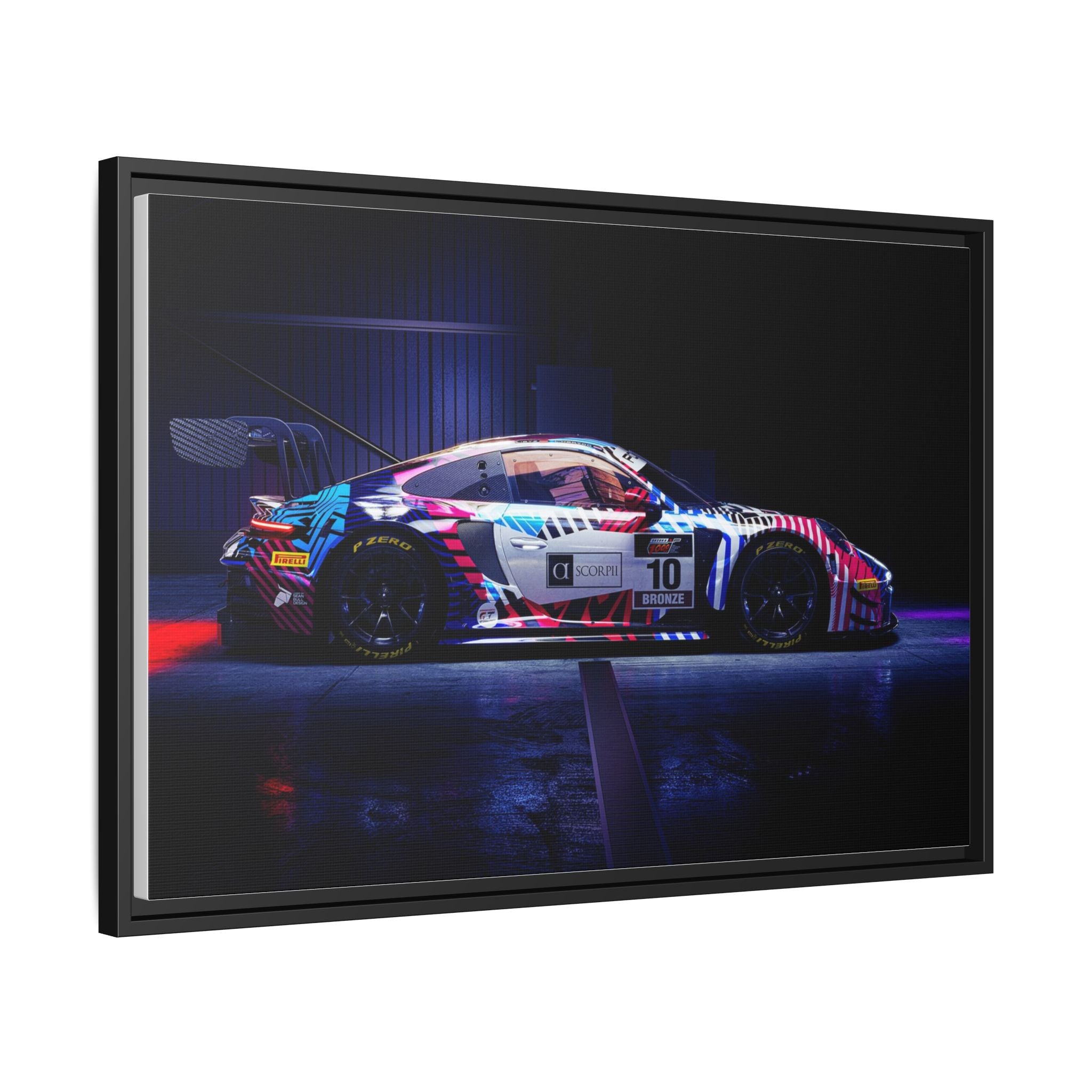 Framed Matte Canvas Print — Neon Racecar Wall Art