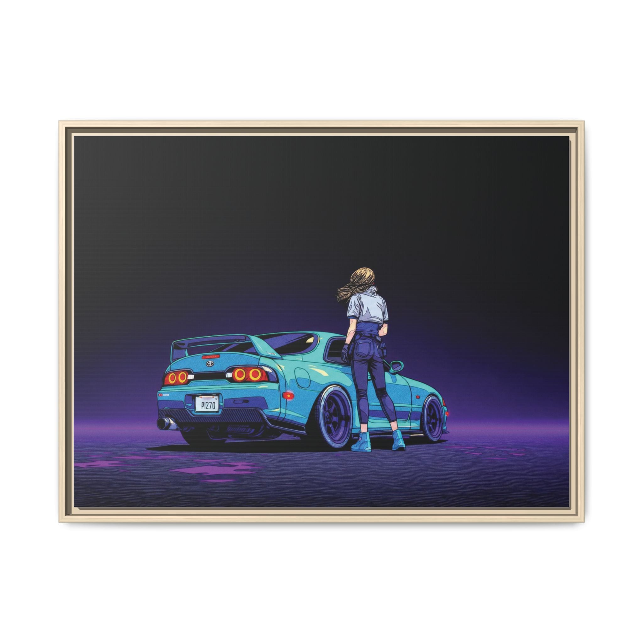 Retro Neon Race Car Poster Matte Canvas Framed | Anime Driver Wall Art