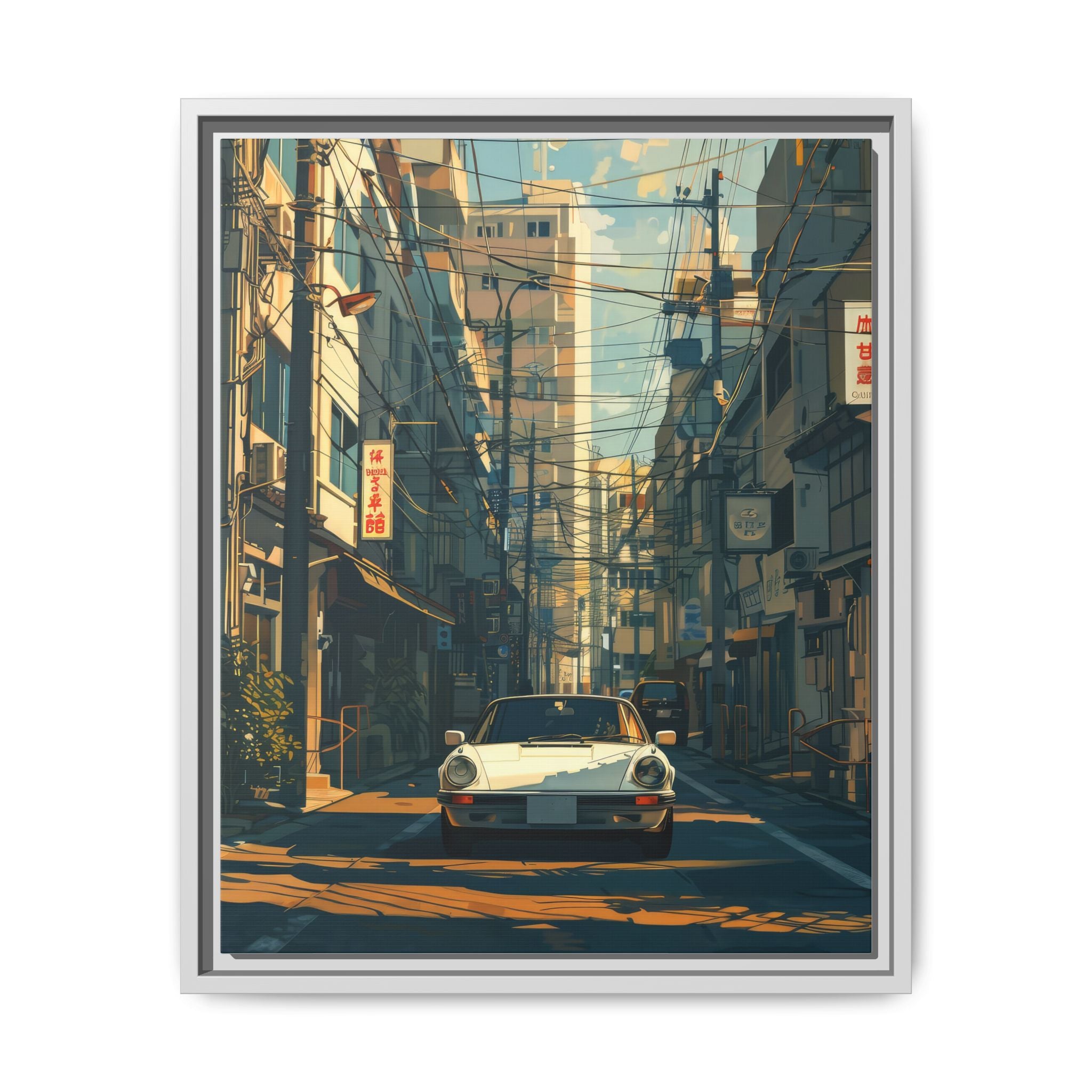Vintage Sports Car Cityscape Framed Canvas Print
