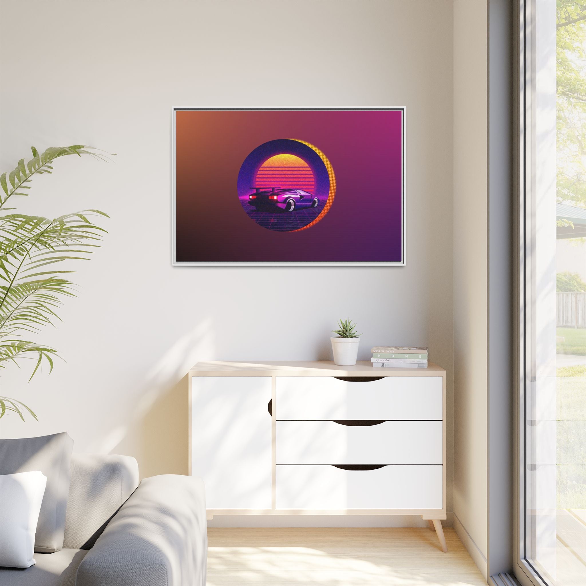 Retro Sunset Sports Car Matte Canvas Framed Wall Art
