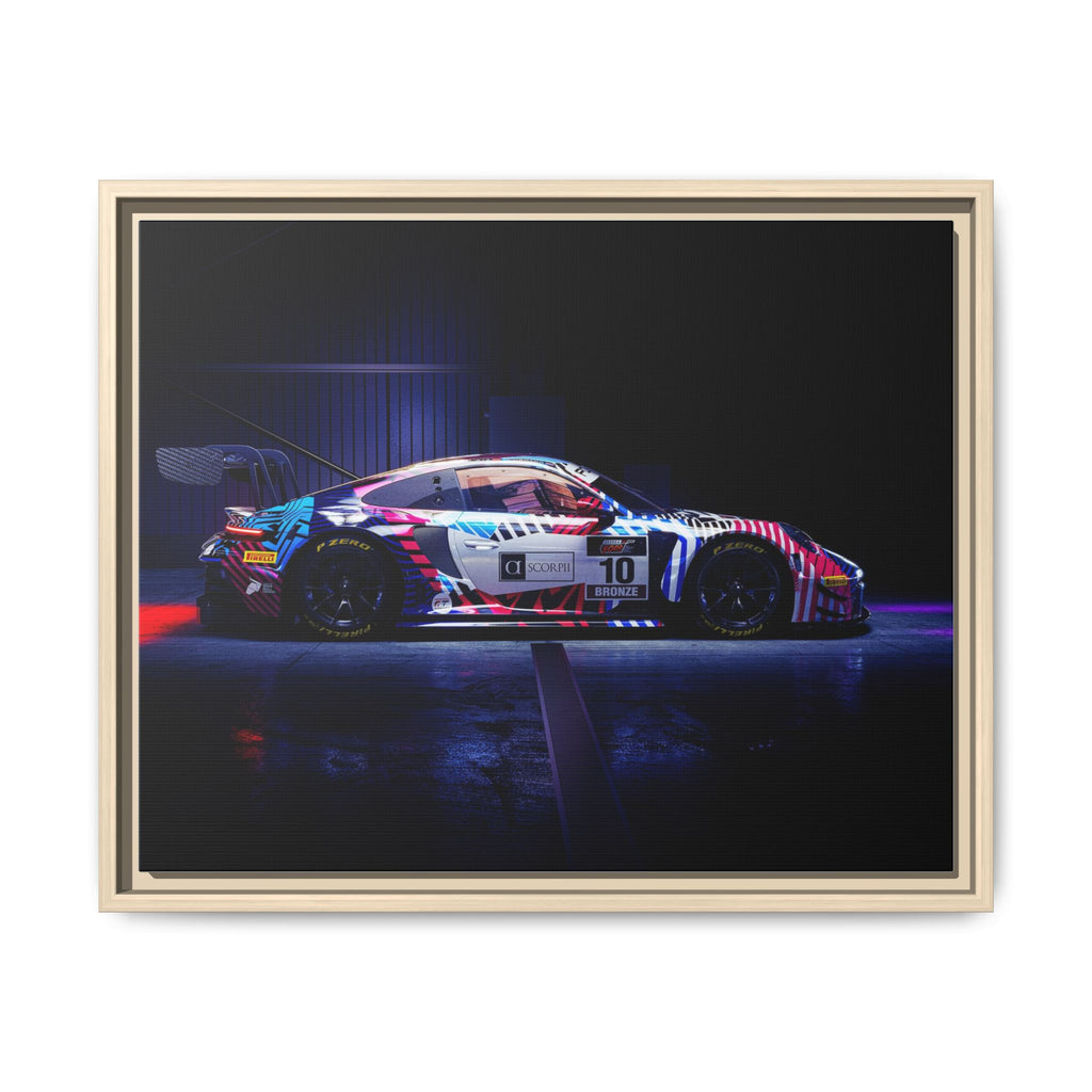 Framed Matte Canvas Print — Neon Racecar Wall Art