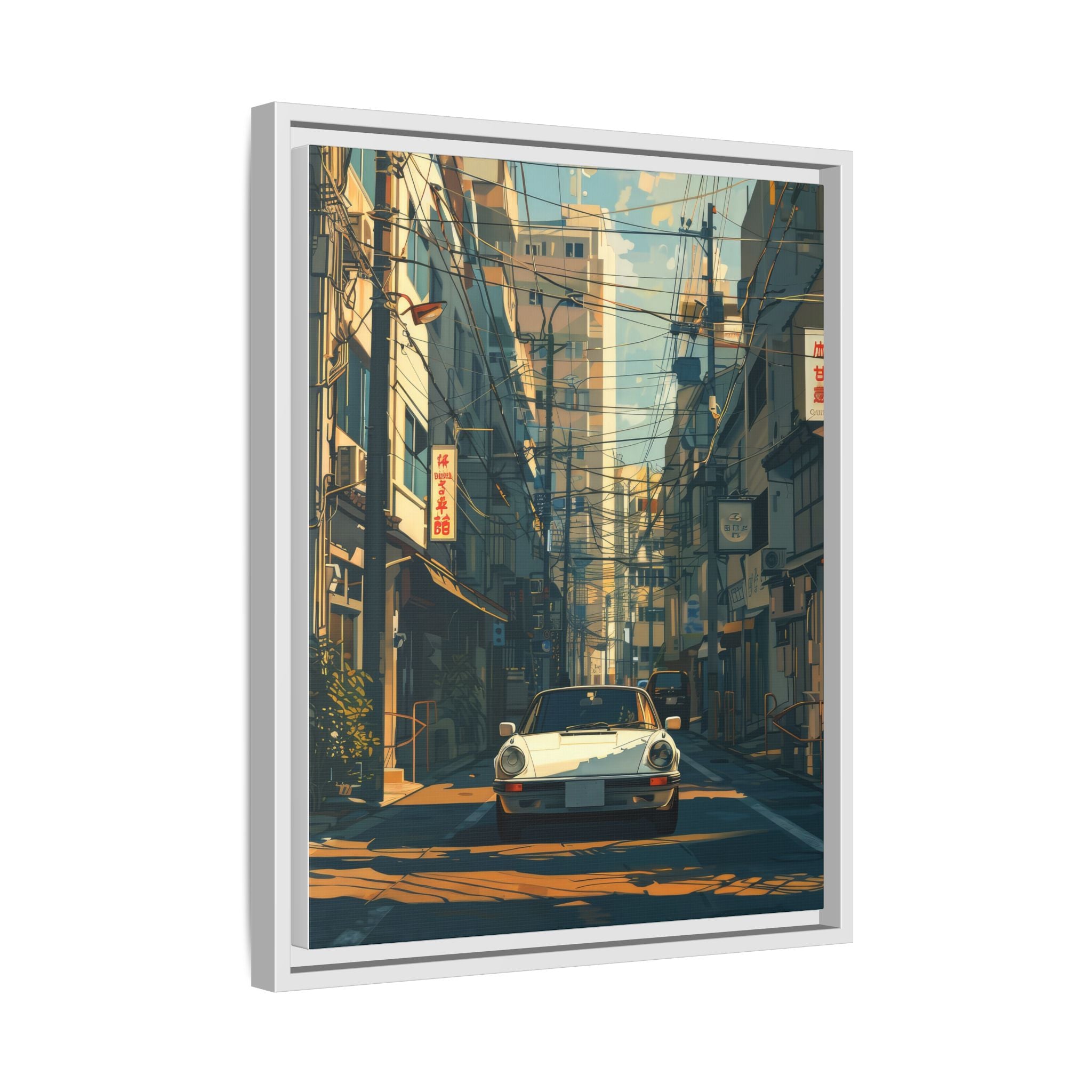 Vintage Sports Car Cityscape Framed Canvas Print