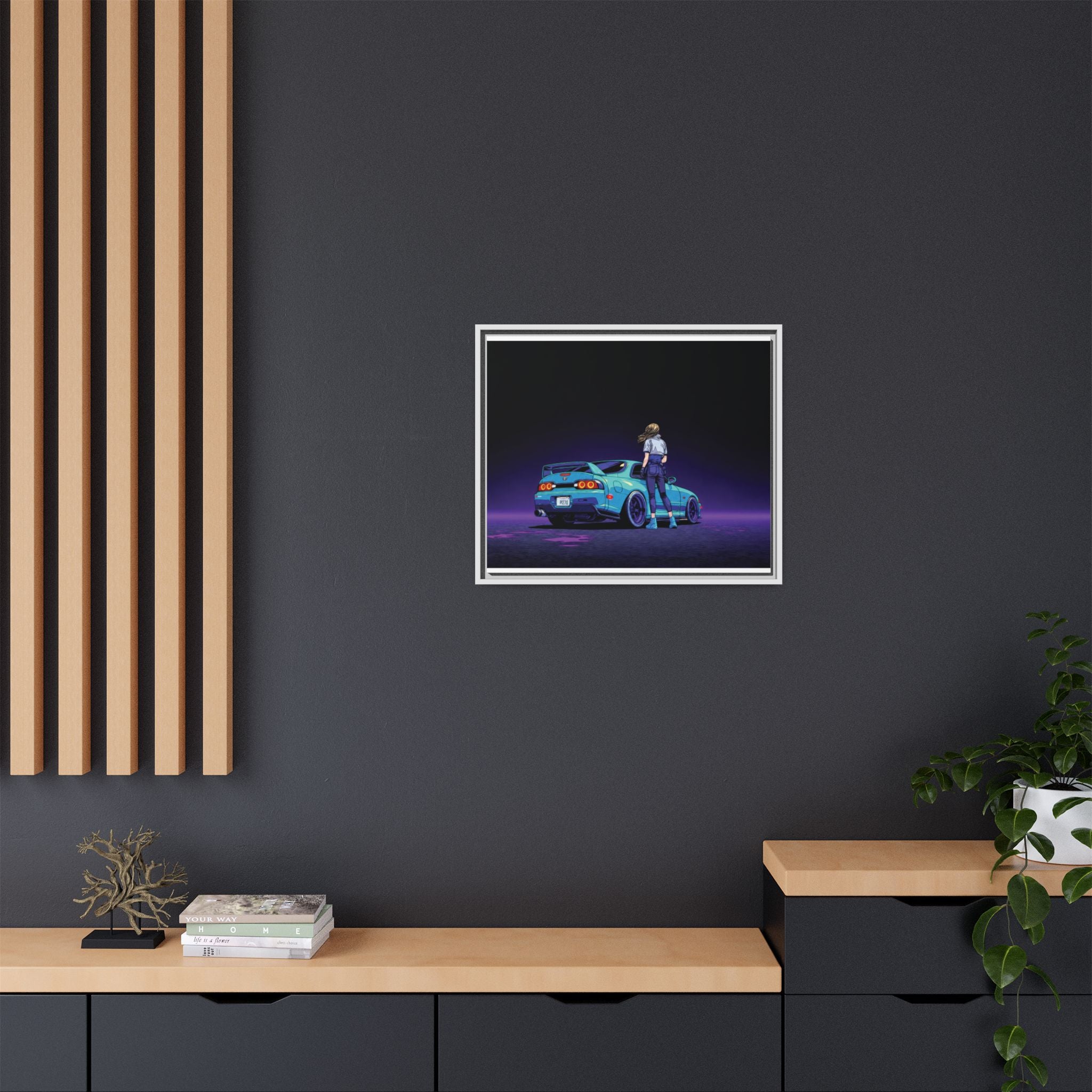 Retro Neon Race Car Poster Matte Canvas Framed | Anime Driver Wall Art