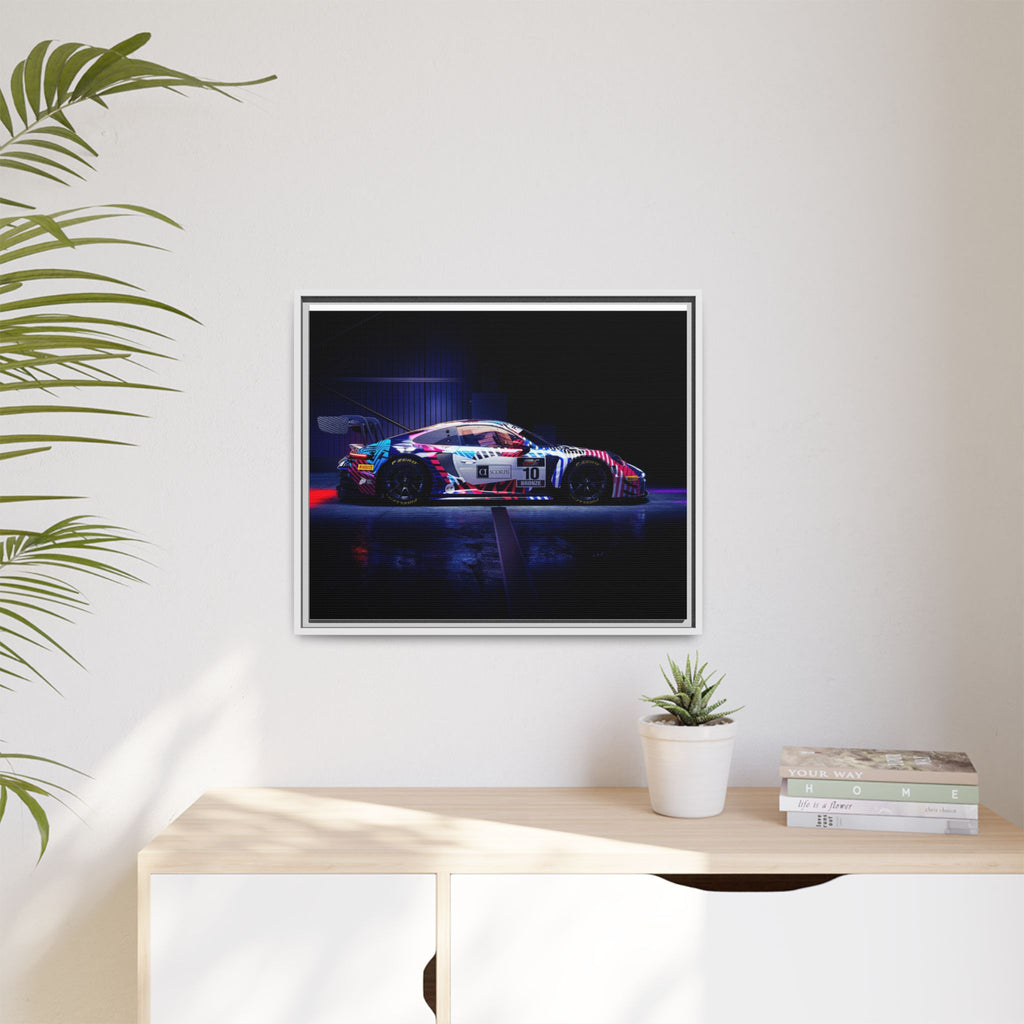 Framed Matte Canvas Print — Neon Racecar Wall Art