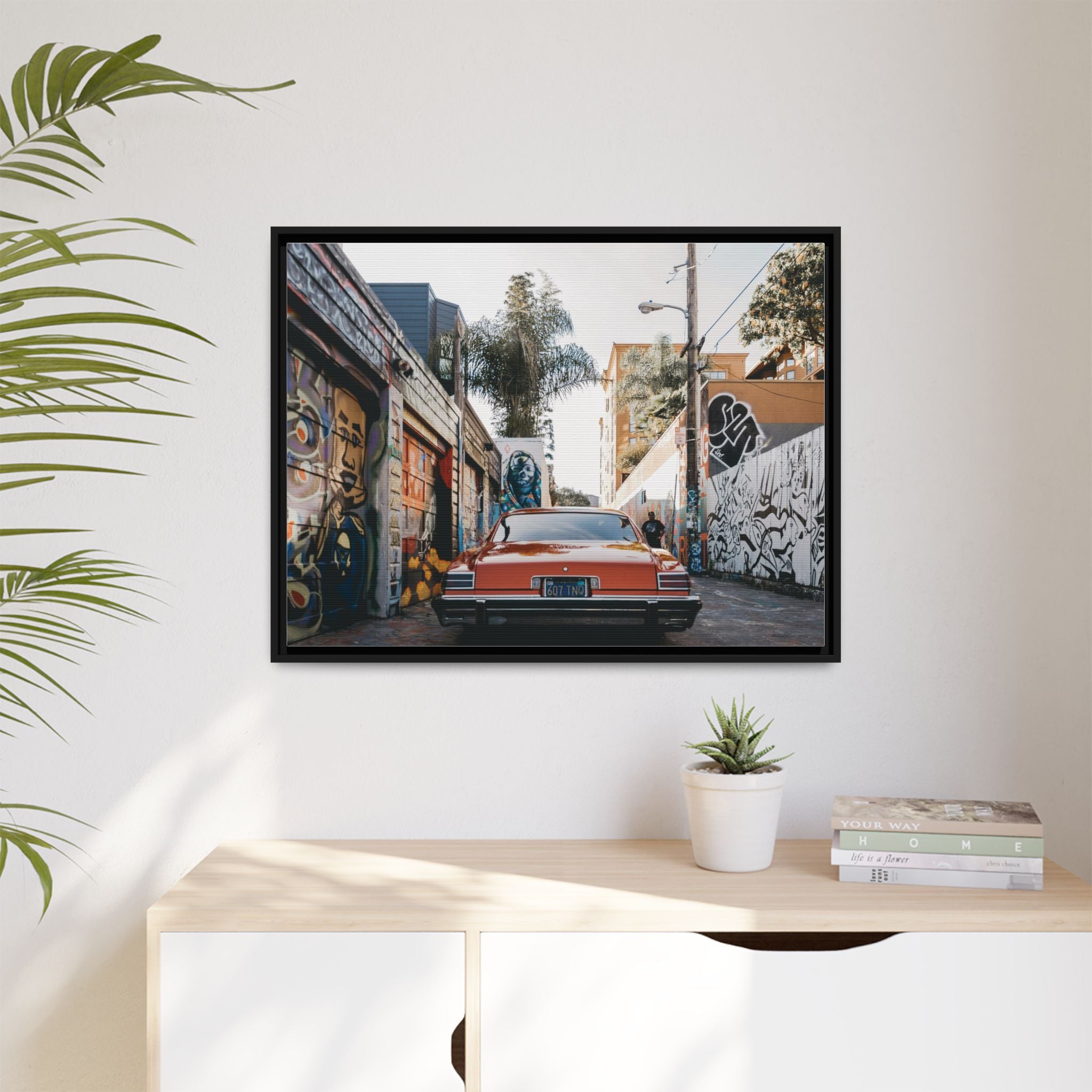 Vintage Chevrolet in Graffiti Alley — Framed Matte Canvas Wall Art
