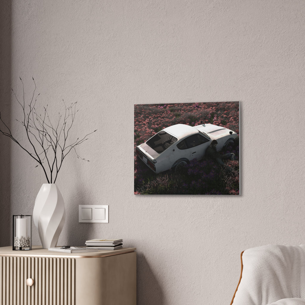 Vintage White Datsun in Wildflower Field Canvas