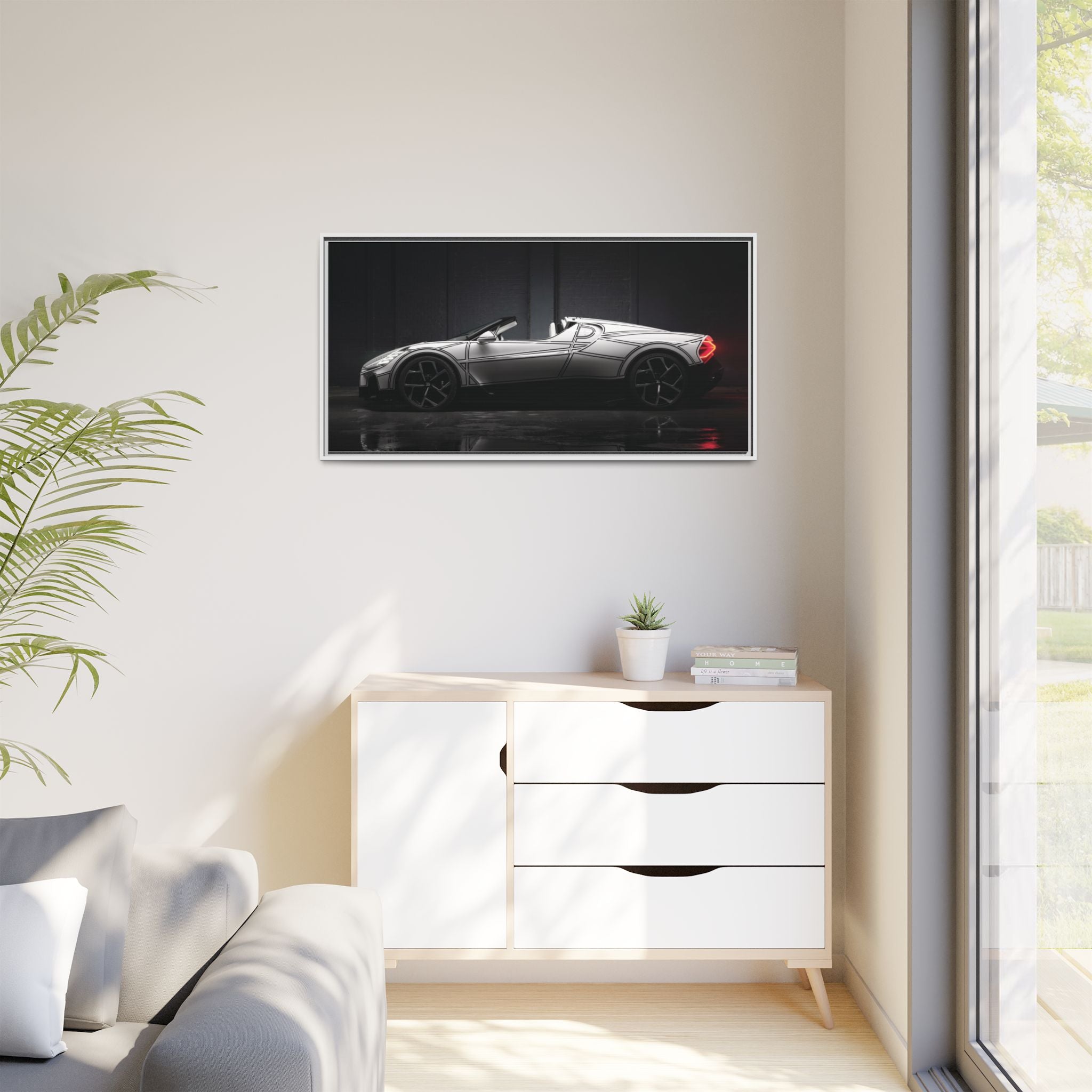 Framed Matte Canvas: Sleek Sports Car Reflection Wall Art