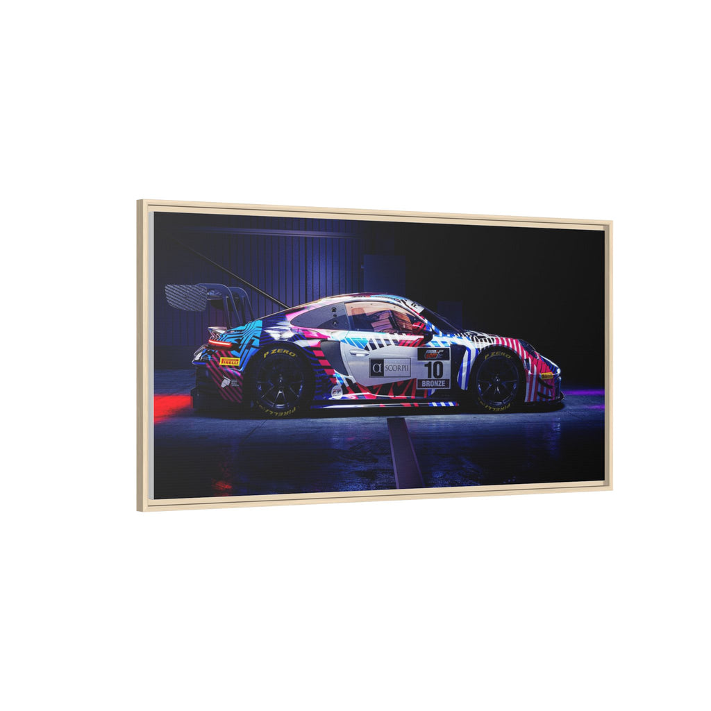 Framed Matte Canvas Print — Neon Racecar Wall Art
