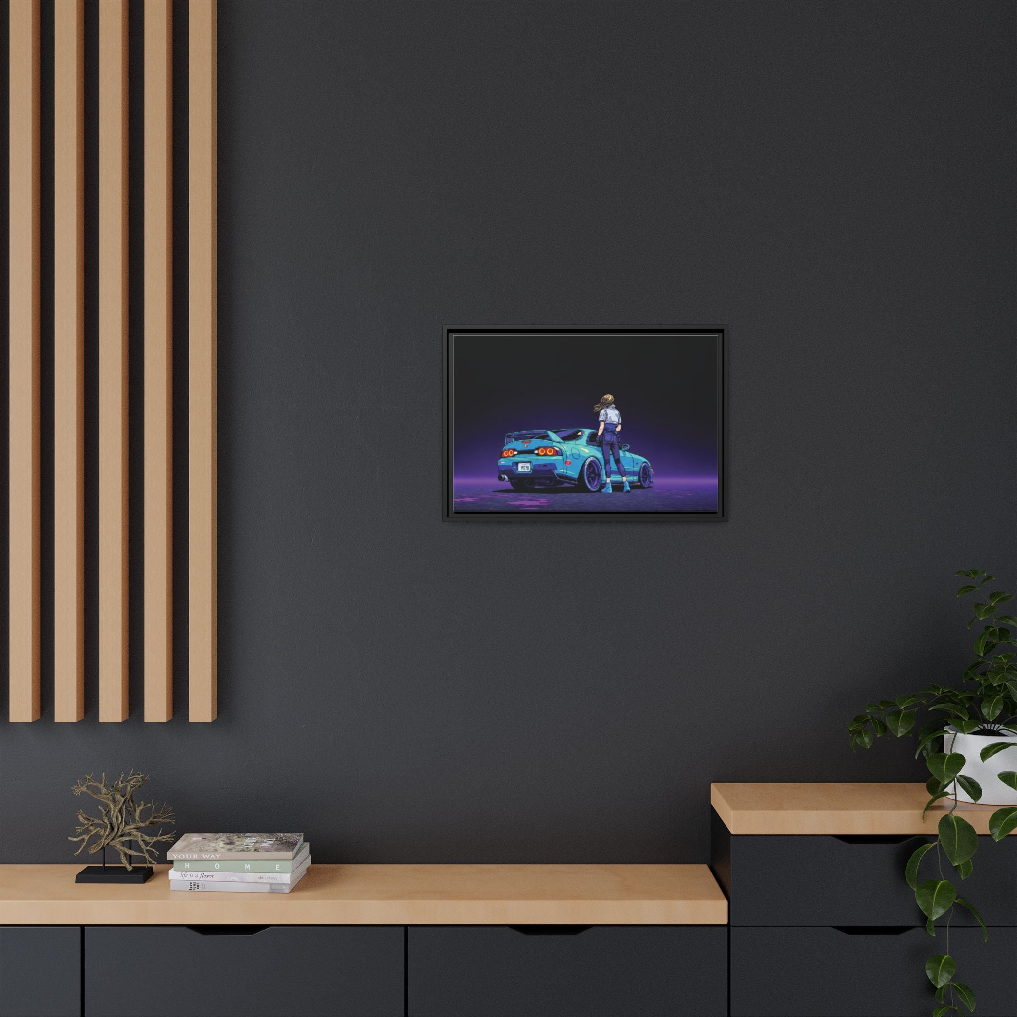 Retro Neon Race Car Poster Matte Canvas Framed | Anime Driver Wall Art