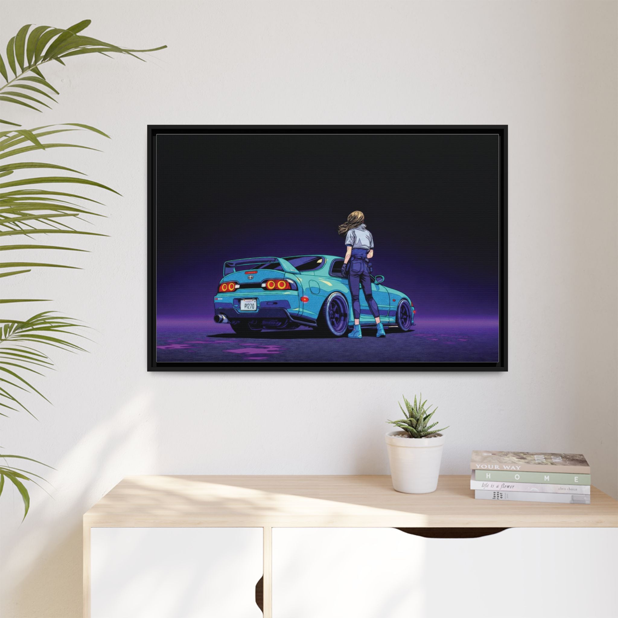 Retro Neon Race Car Poster Matte Canvas Framed | Anime Driver Wall Art