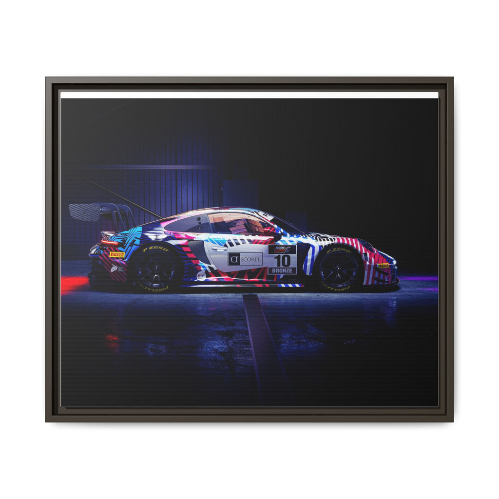 Framed Matte Canvas Print — Neon Racecar Wall Art