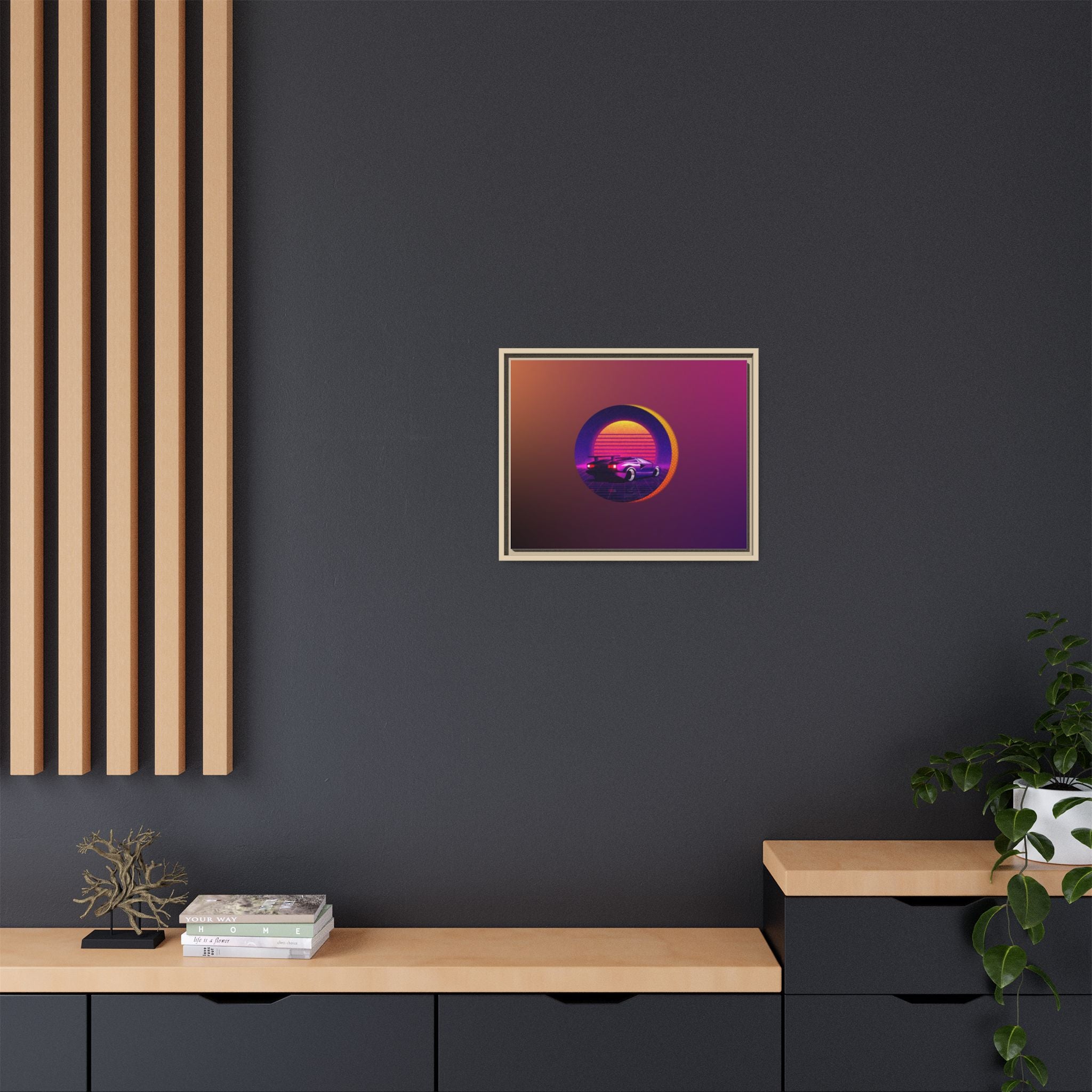 Retro Sunset Sports Car Matte Canvas Framed Wall Art
