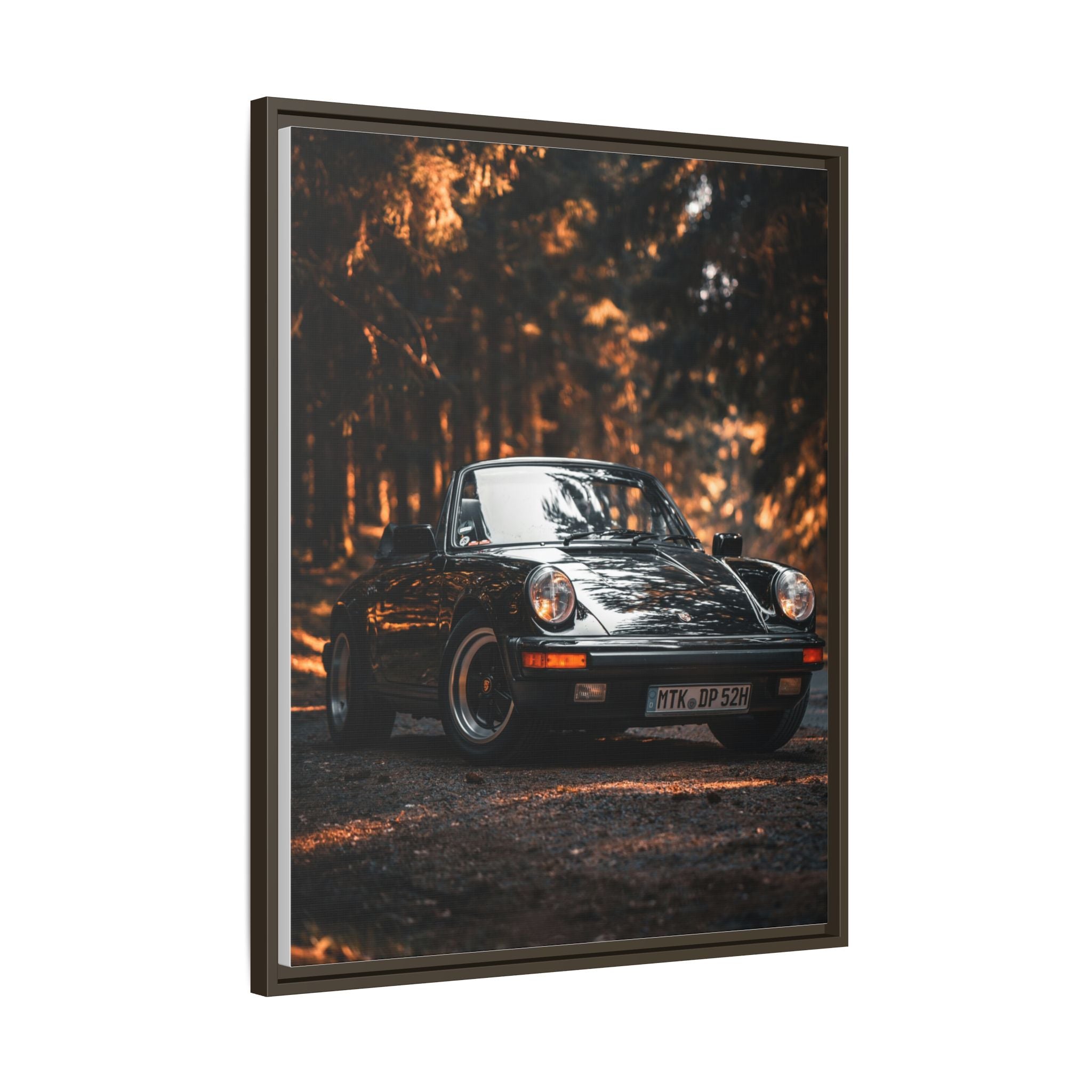 Framed Matte Canvas Print — Vintage Black Porsche in Autumn Forest