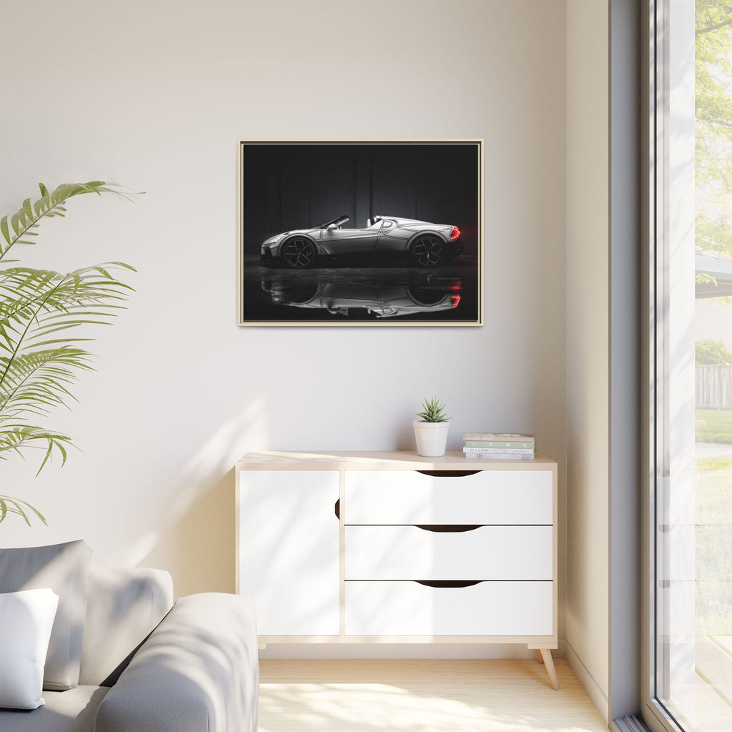 Framed Matte Canvas: Sleek Sports Car Reflection Wall Art