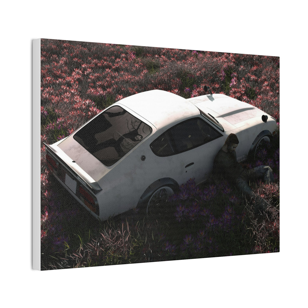 Vintage White Datsun in Wildflower Field Canvas