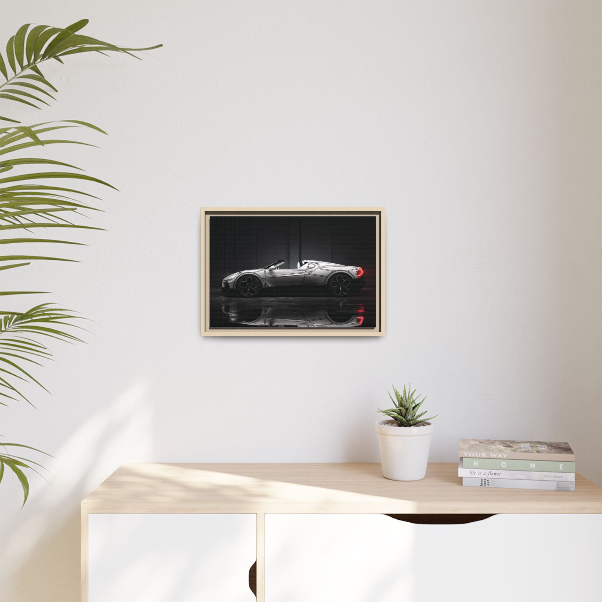 Framed Matte Canvas: Sleek Sports Car Reflection Wall Art