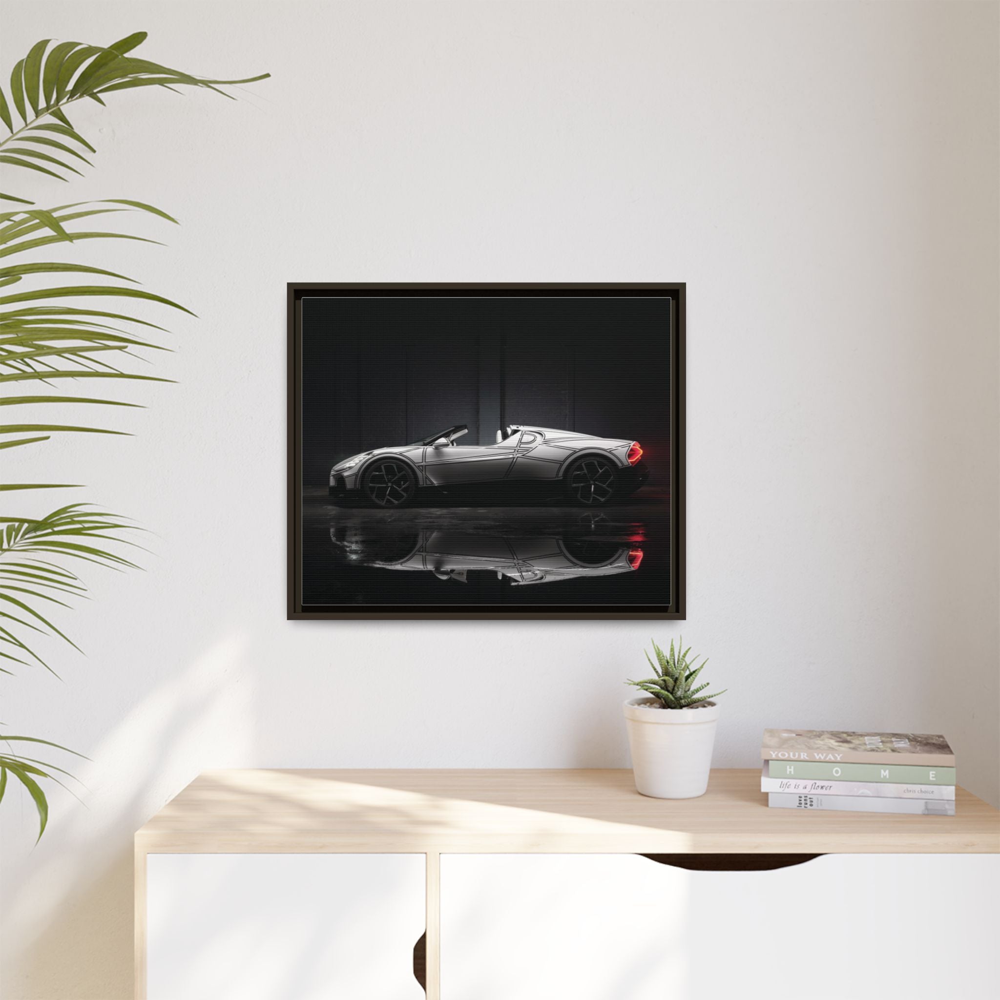 Framed Matte Canvas: Sleek Sports Car Reflection Wall Art