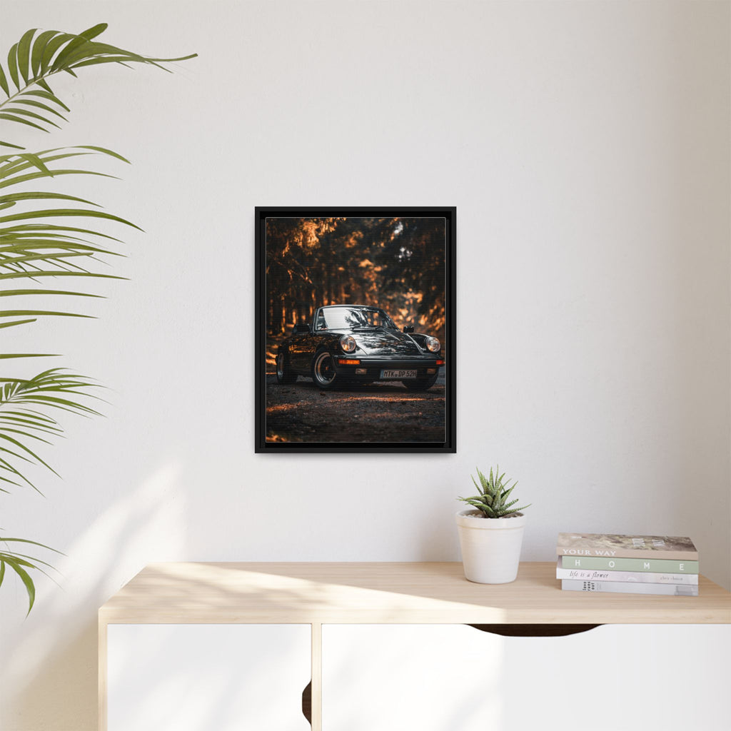 Framed Matte Canvas Print — Vintage Black Porsche in Autumn Forest