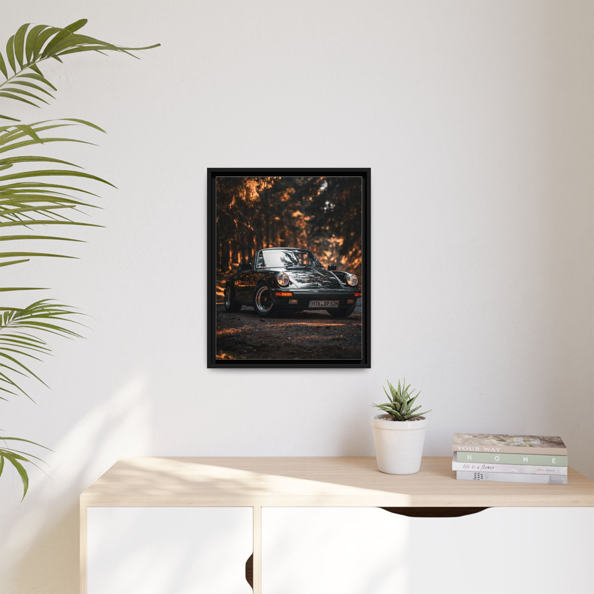 Framed Matte Canvas Print — Vintage Black Porsche in Autumn Forest