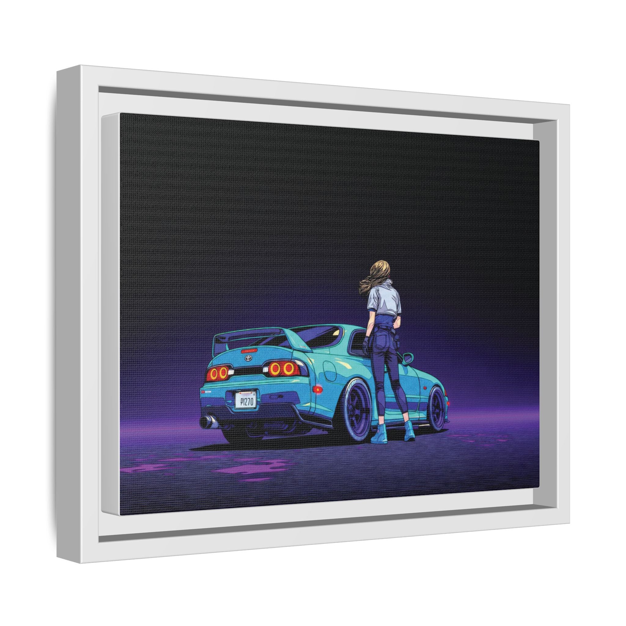 Retro Neon Race Car Poster Matte Canvas Framed | Anime Driver Wall Art