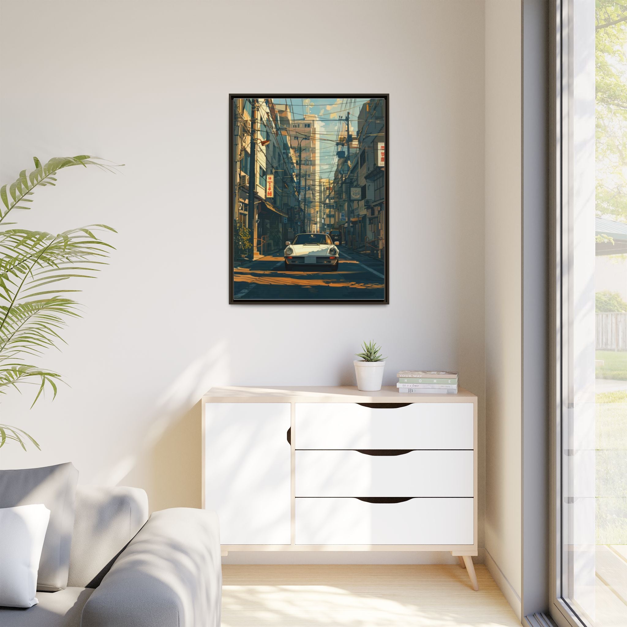 Vintage Sports Car Cityscape Framed Canvas Print