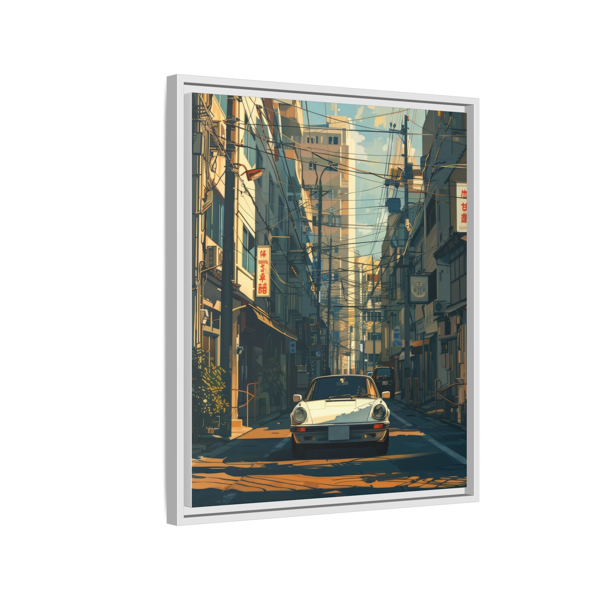 Vintage Sports Car Cityscape Framed Canvas Print