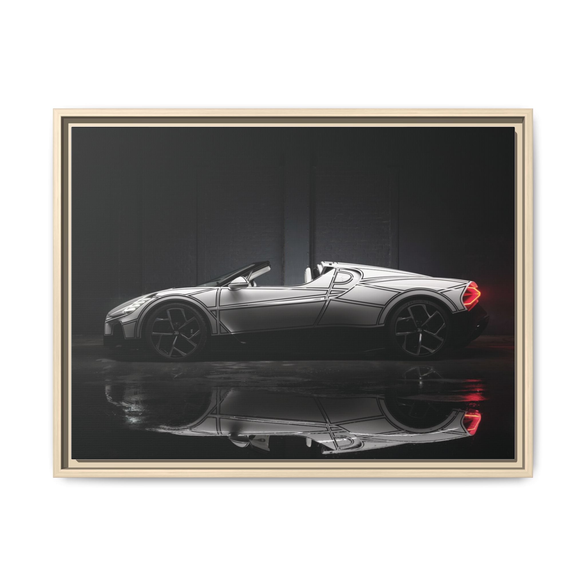 Framed Matte Canvas: Sleek Sports Car Reflection Wall Art