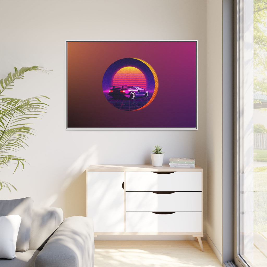 Retro Sunset Sports Car Matte Canvas Framed Wall Art