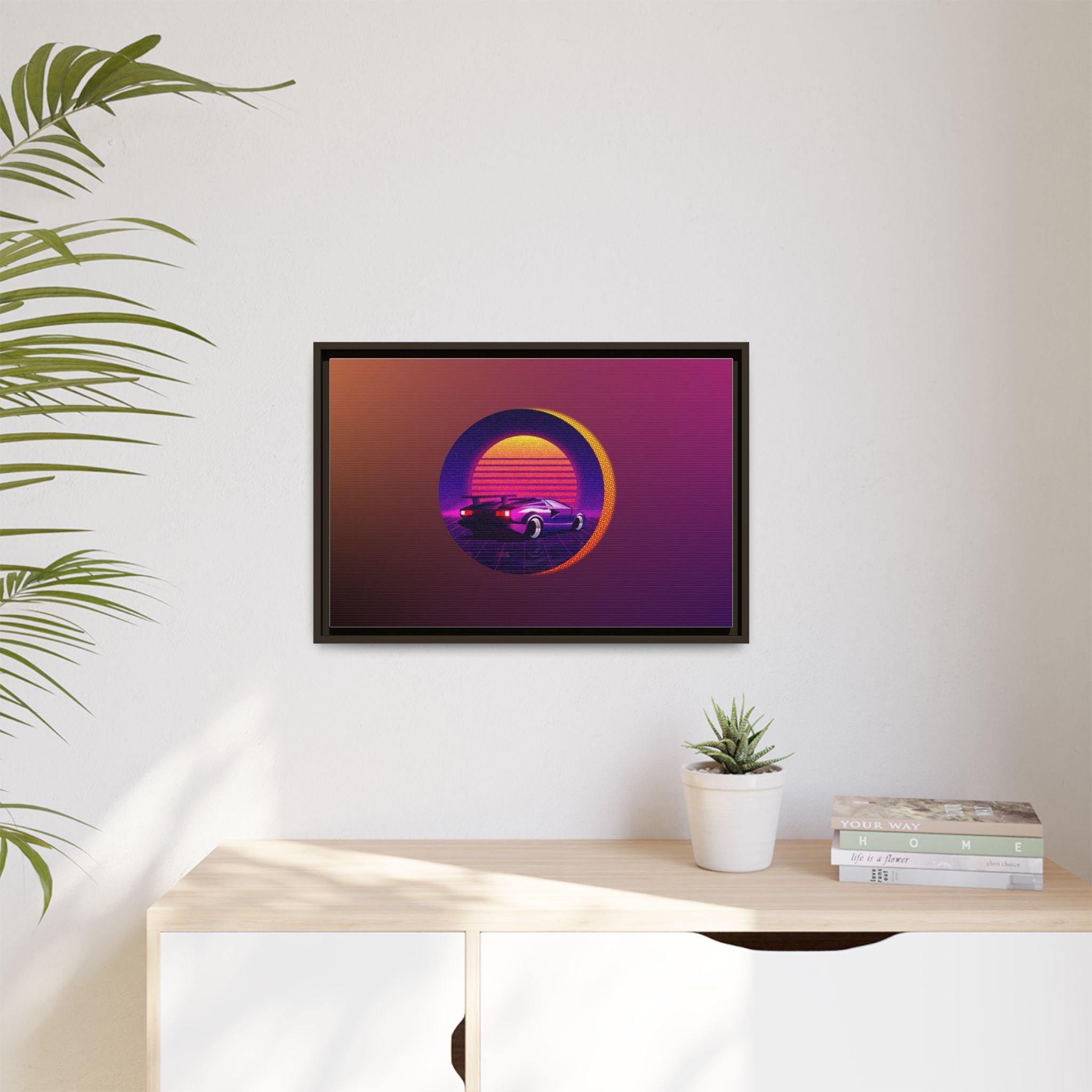 Retro Sunset Sports Car Matte Canvas Framed Wall Art