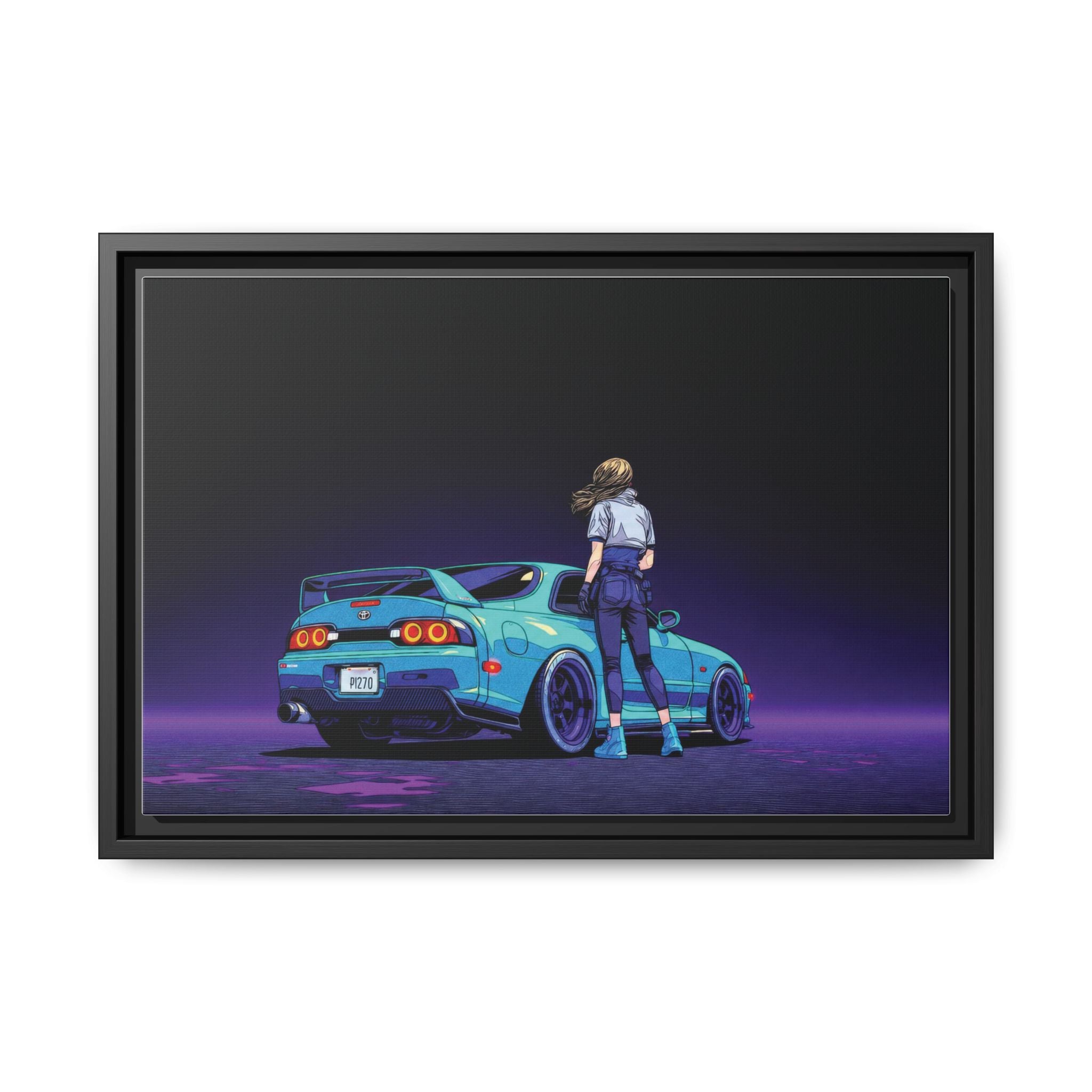 Retro Neon Race Car Poster Matte Canvas Framed | Anime Driver Wall Art