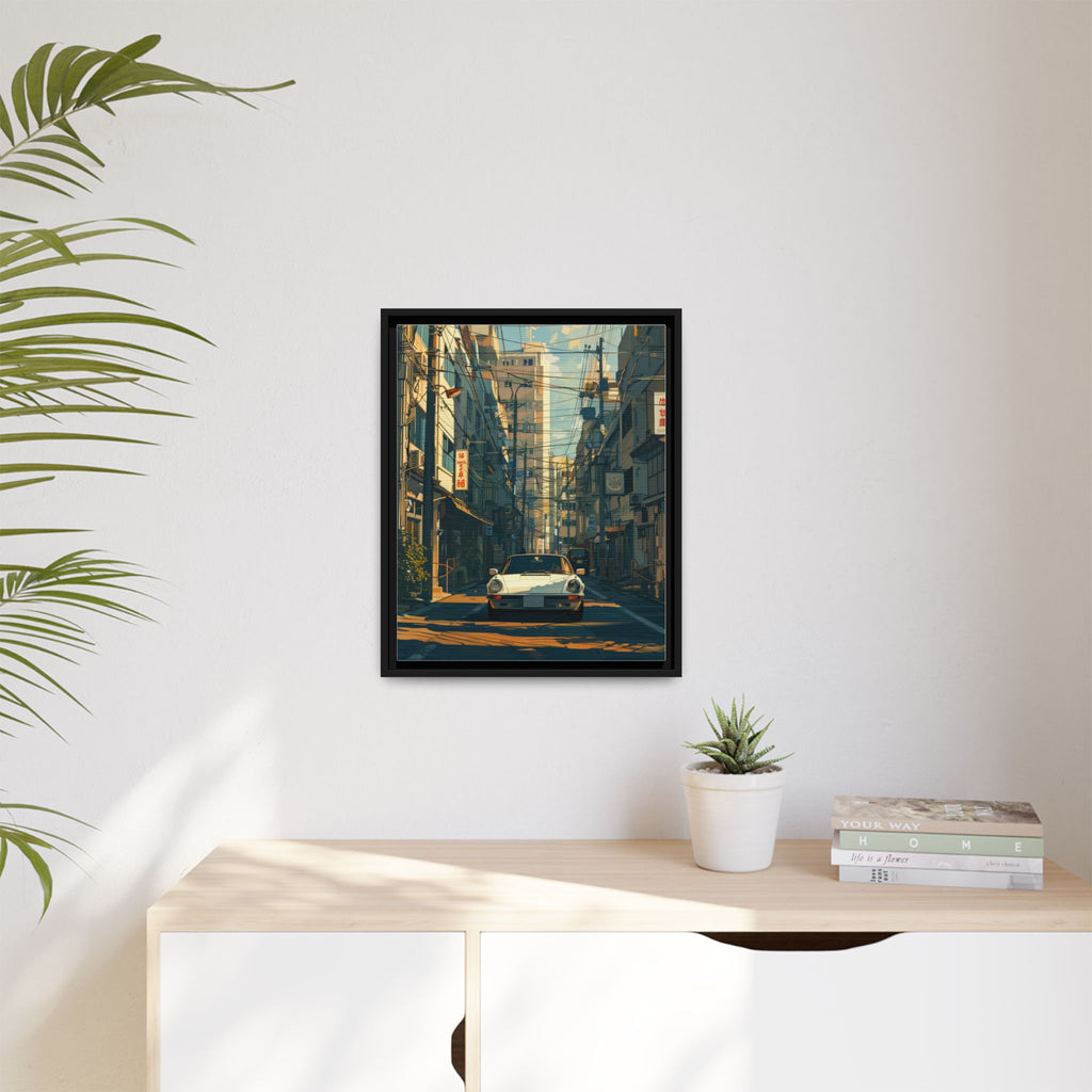 Vintage Sports Car Cityscape Framed Canvas Print
