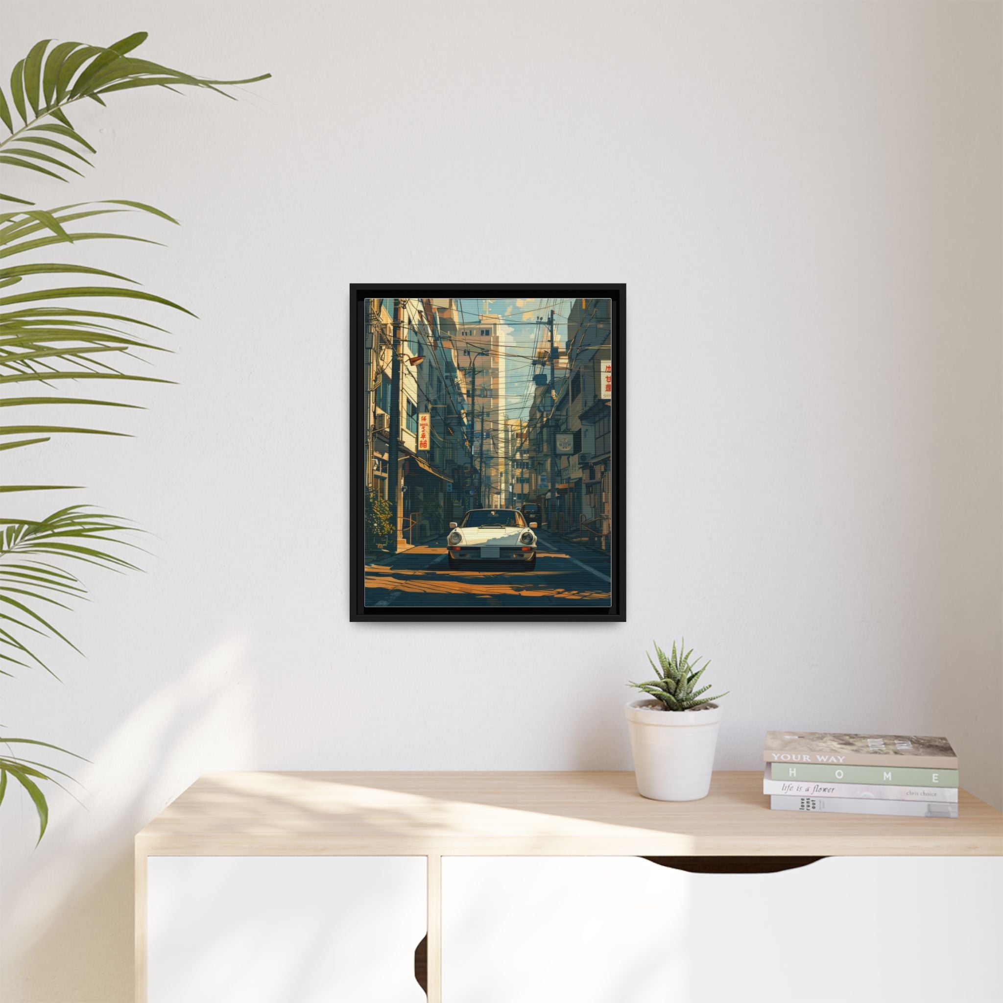Vintage Sports Car Cityscape Framed Canvas Print