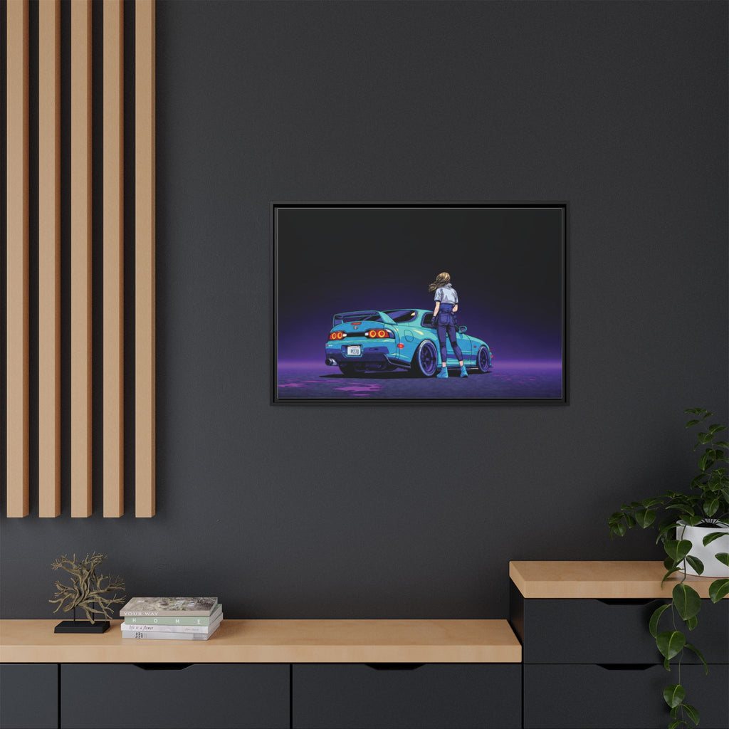 Retro Neon Race Car Poster Matte Canvas Framed | Anime Driver Wall Art