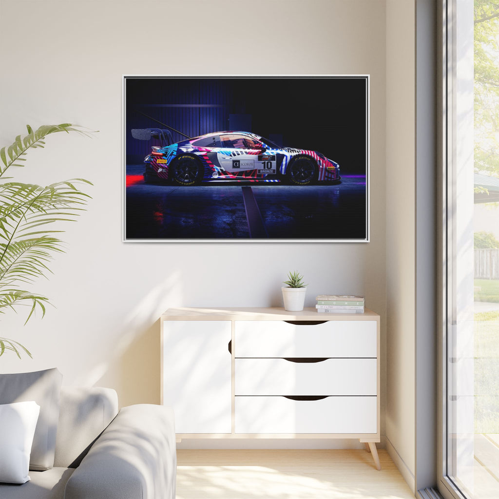 Framed Matte Canvas Print — Neon Racecar Wall Art