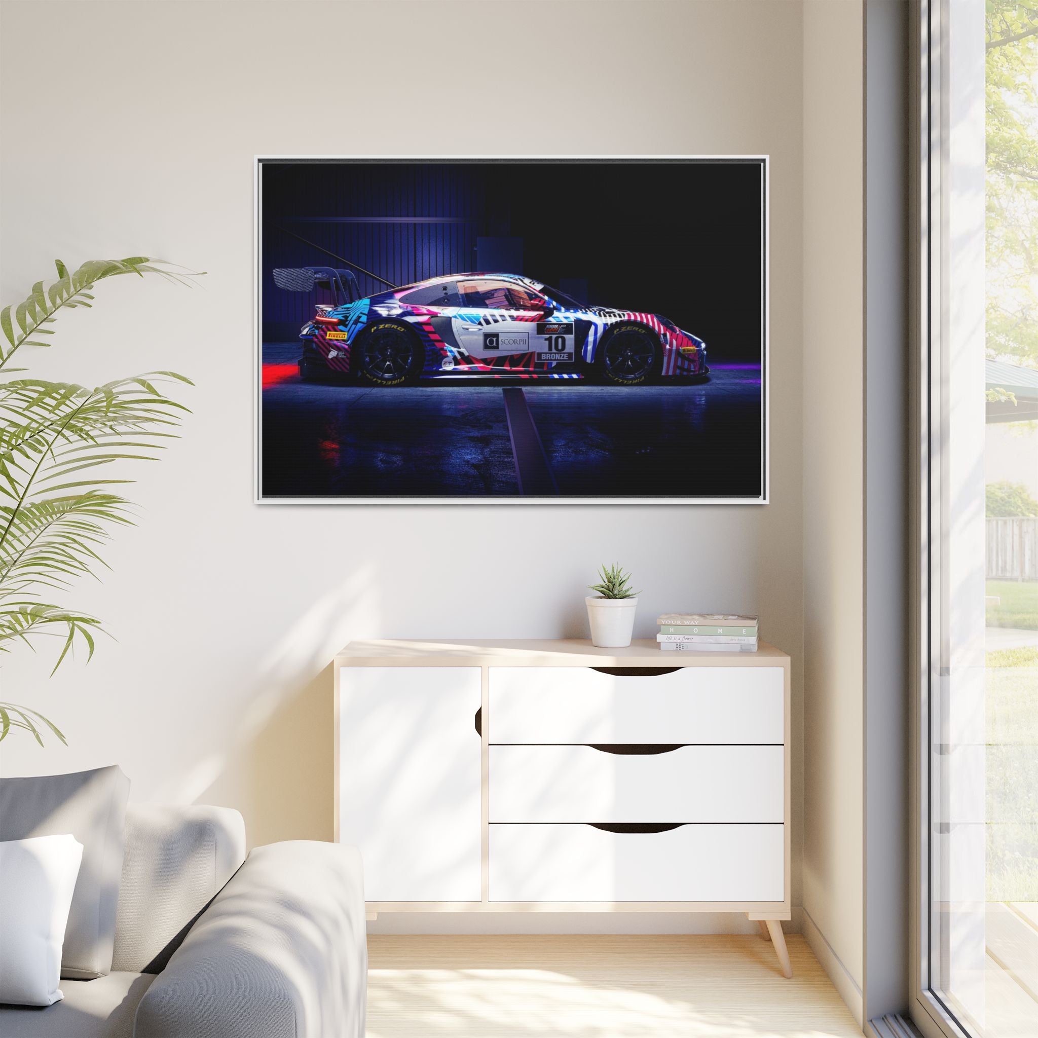 Framed Matte Canvas Print — Neon Racecar Wall Art