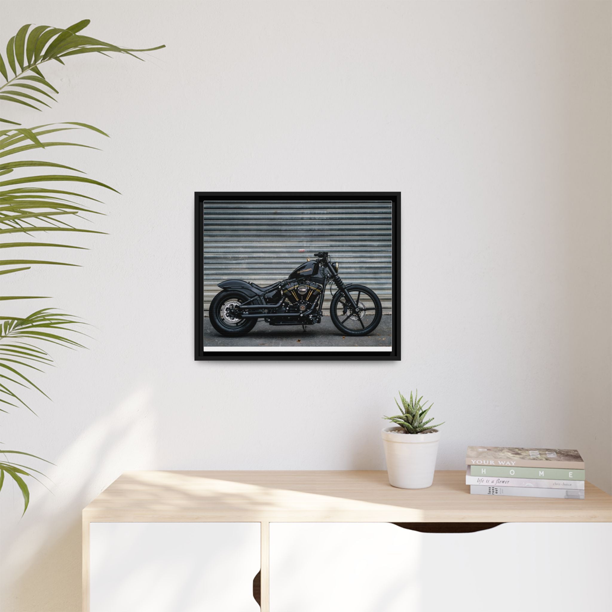 Framed Matte Canvas Motorcycle Print — Black Bobber Wall Art