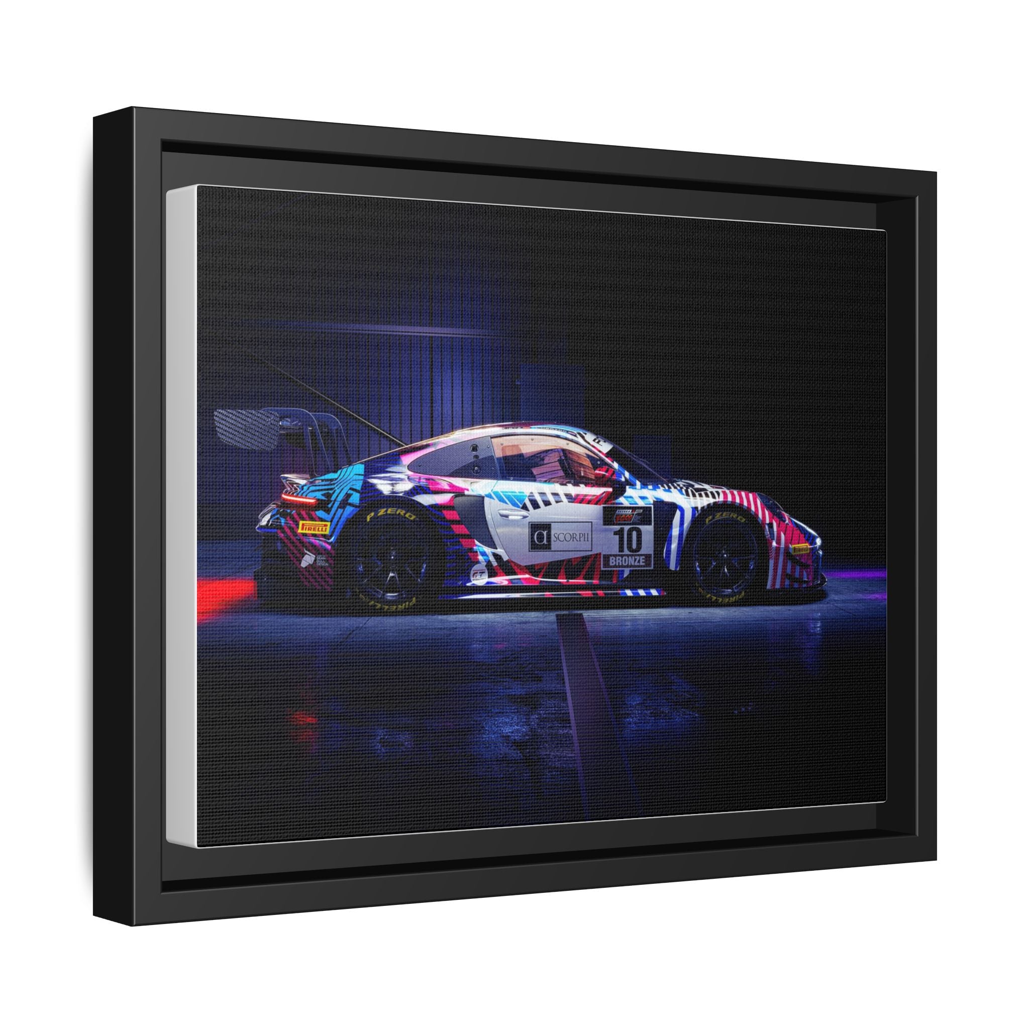 Framed Matte Canvas Print — Neon Racecar Wall Art