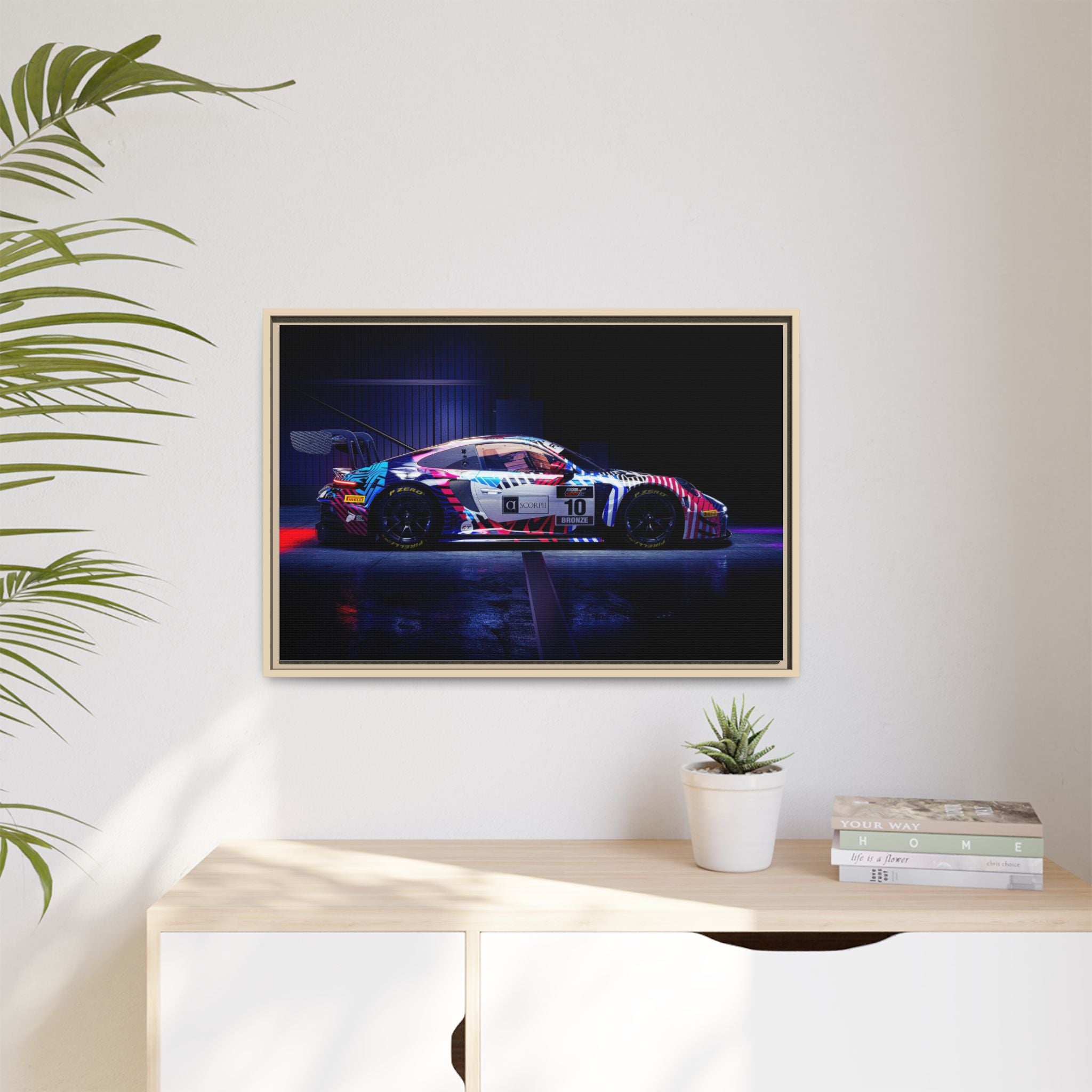 Framed Matte Canvas Print — Neon Racecar Wall Art