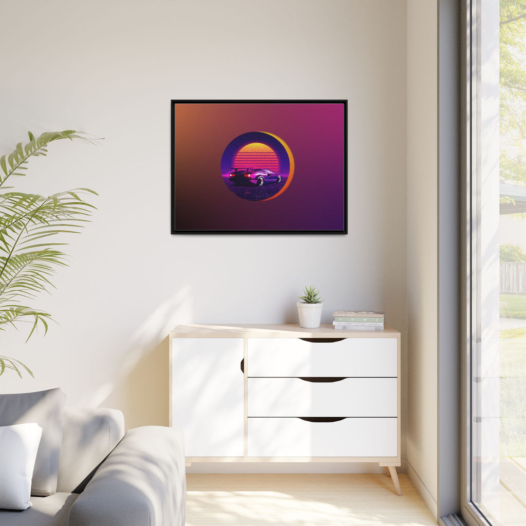 Retro Sunset Sports Car Matte Canvas Framed Wall Art