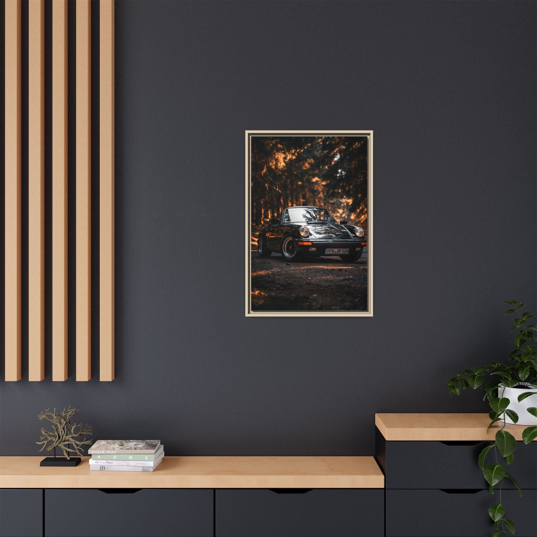 Framed Matte Canvas Print — Vintage Black Porsche in Autumn Forest
