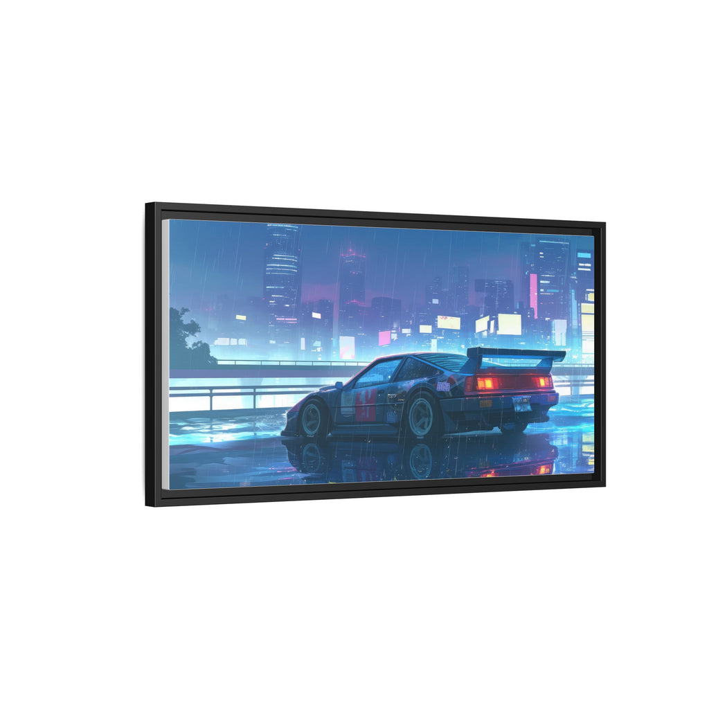 Retro Neon City Car Matte Canvas Print — Framed Wall Art