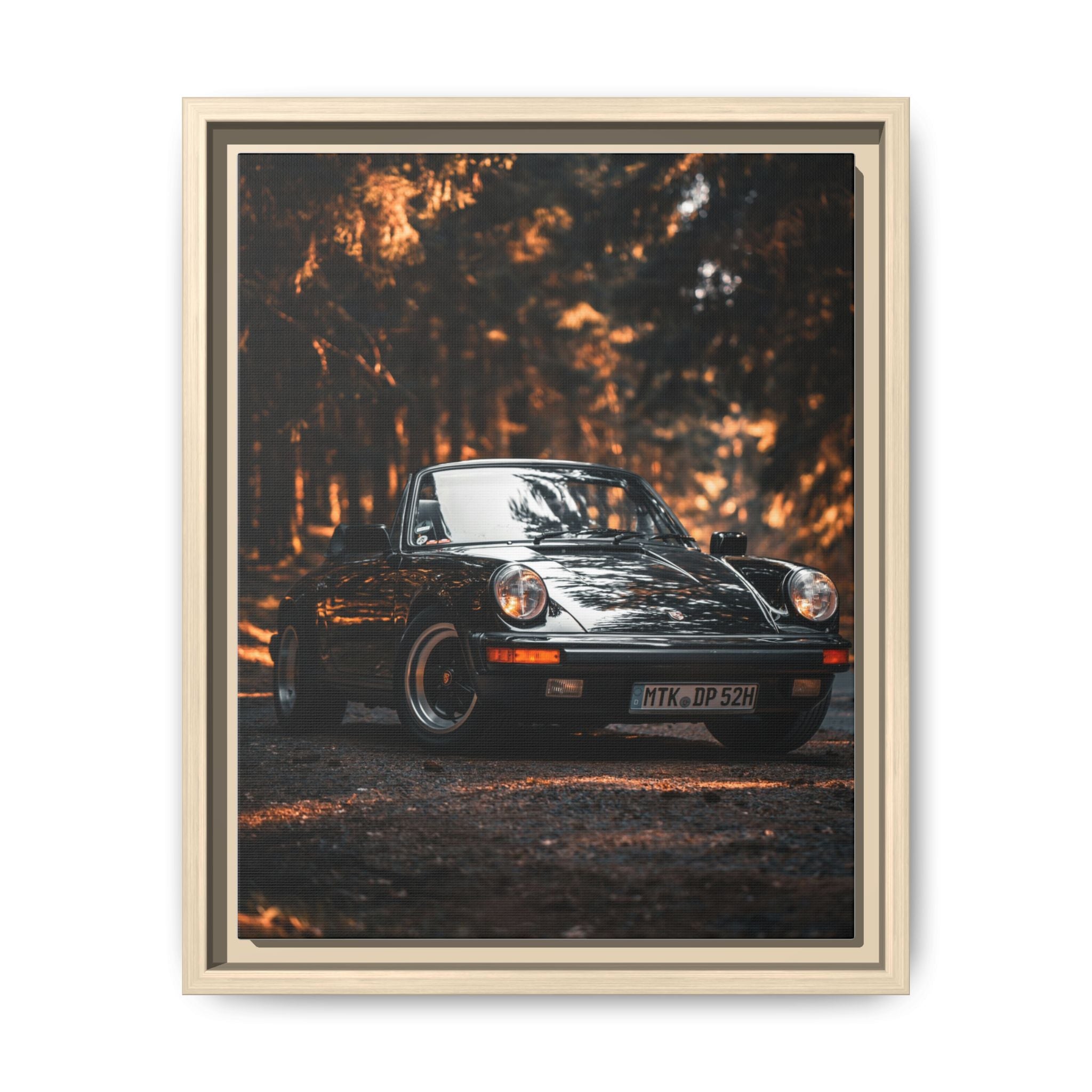 Framed Matte Canvas Print — Vintage Black Porsche in Autumn Forest