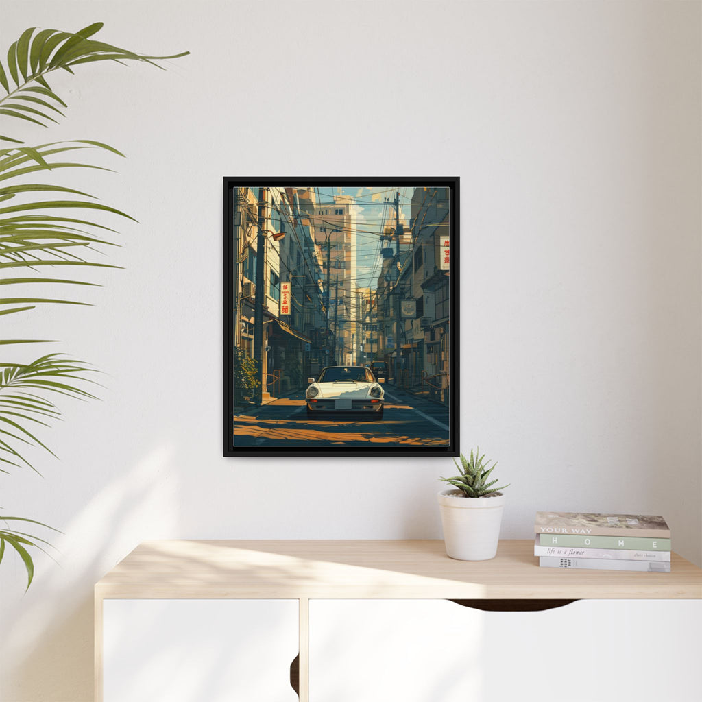 Vintage Sports Car Cityscape Framed Canvas Print