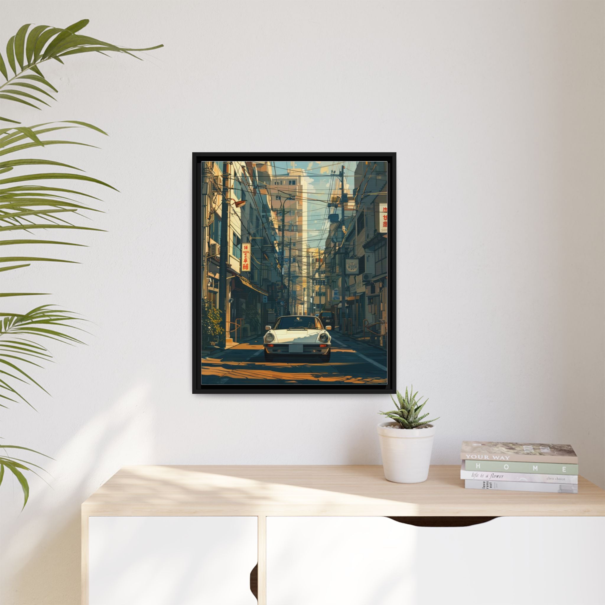 Vintage Sports Car Cityscape Framed Canvas Print