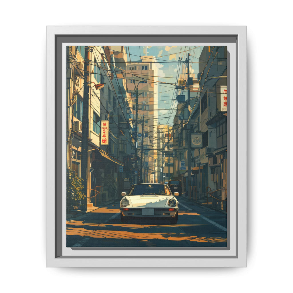Vintage Sports Car Cityscape Framed Canvas Print