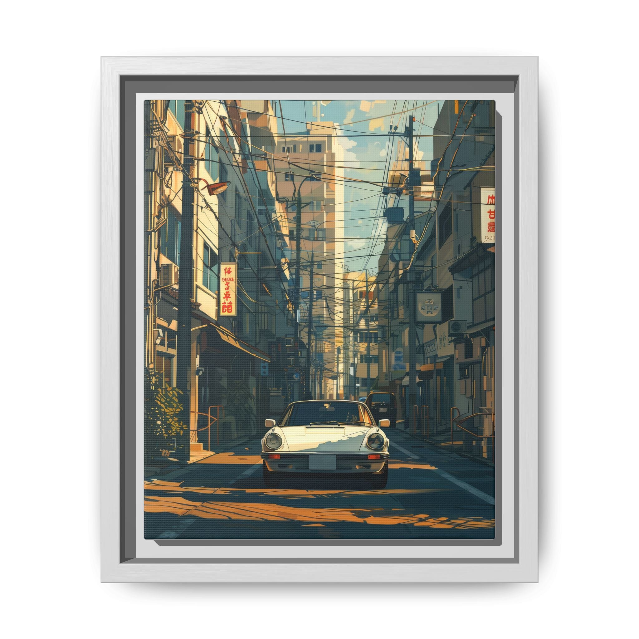Vintage Sports Car Cityscape Framed Canvas Print