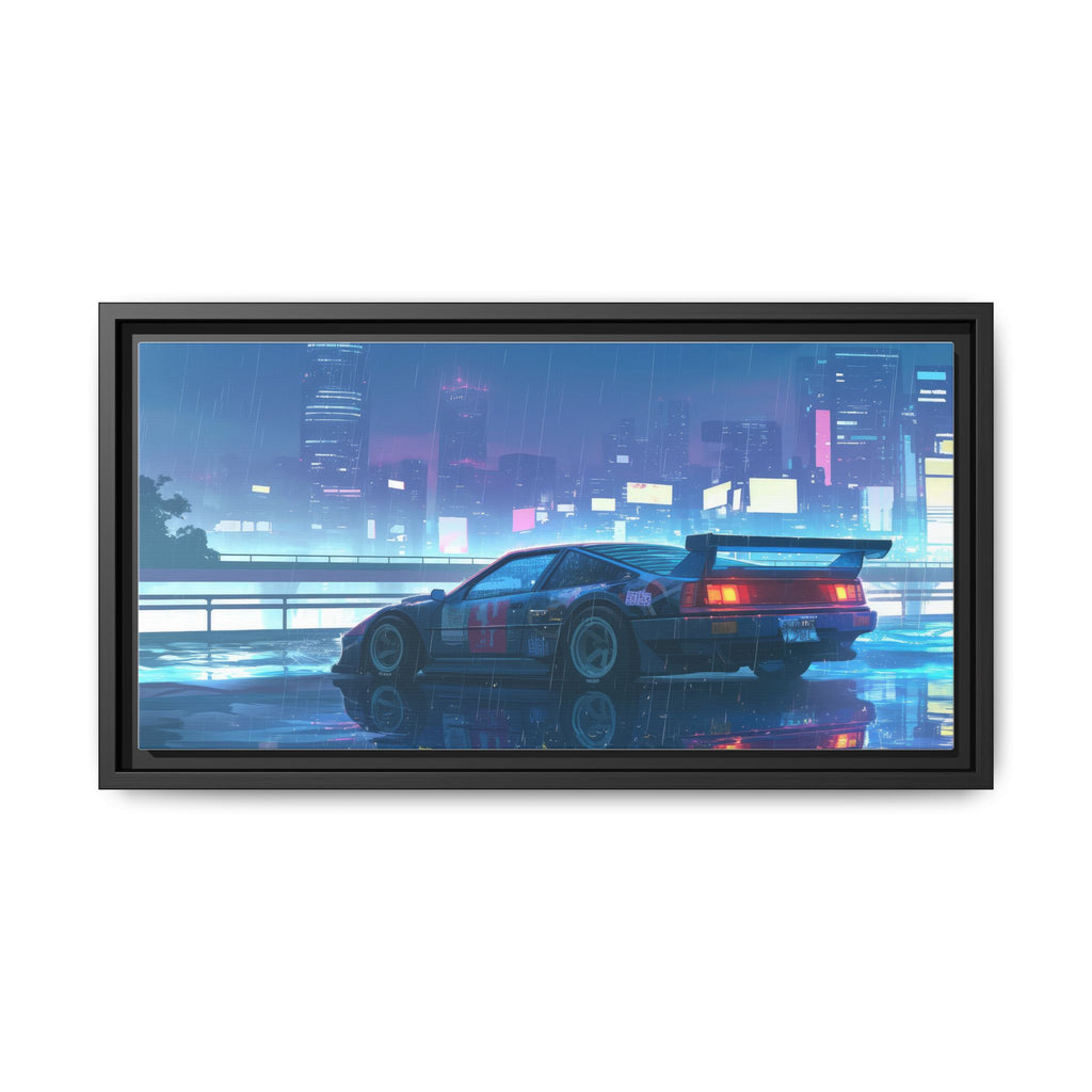 Retro Neon City Car Matte Canvas Print — Framed Wall Art