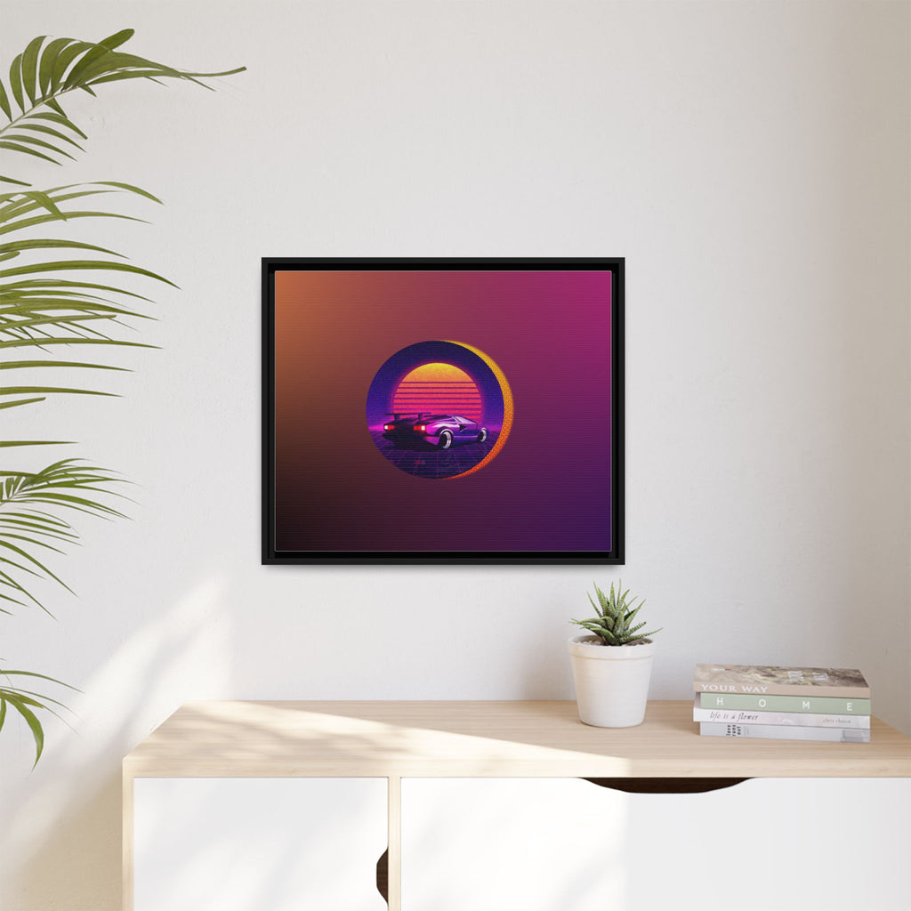 Retro Sunset Sports Car Matte Canvas Framed Wall Art