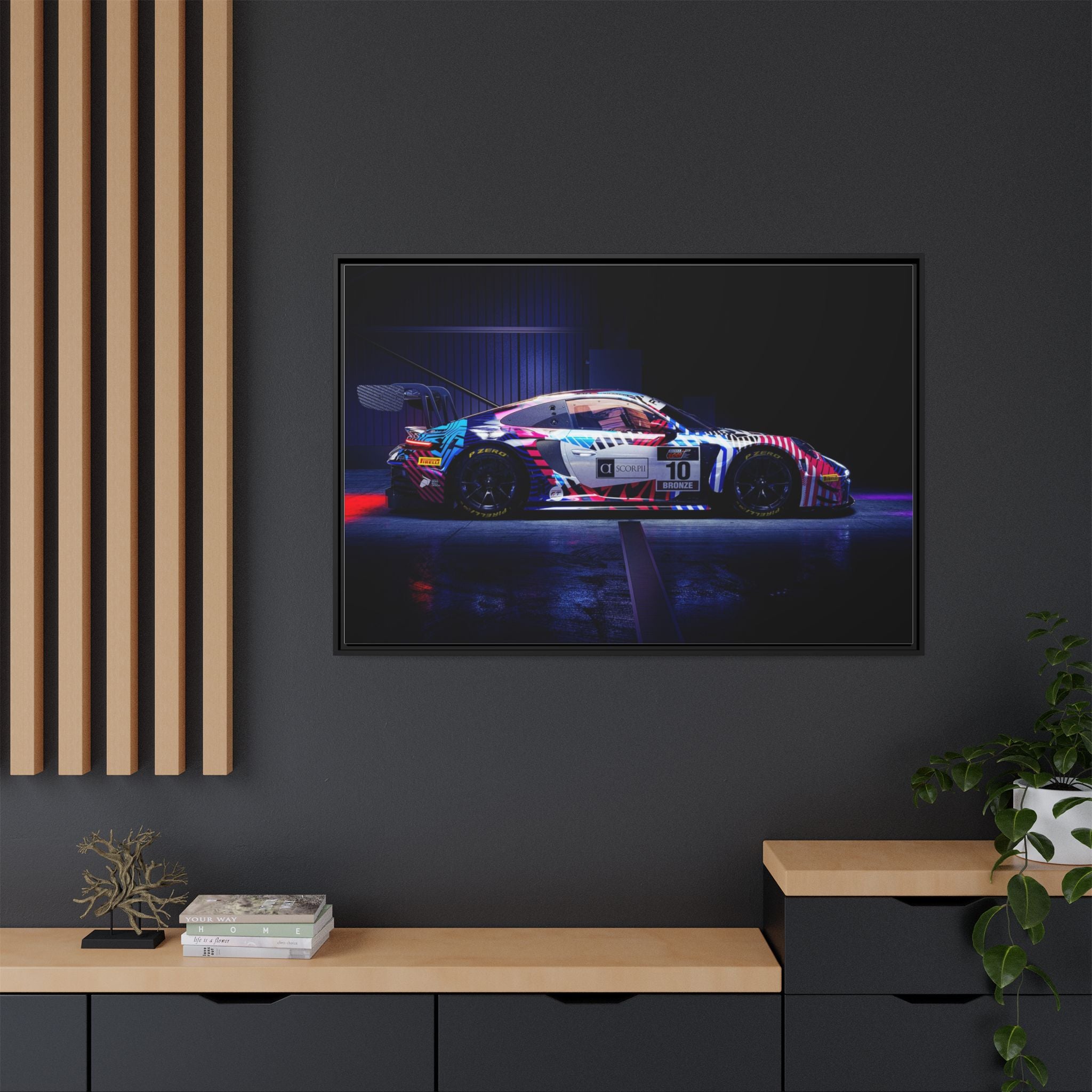 Framed Matte Canvas Print — Neon Racecar Wall Art